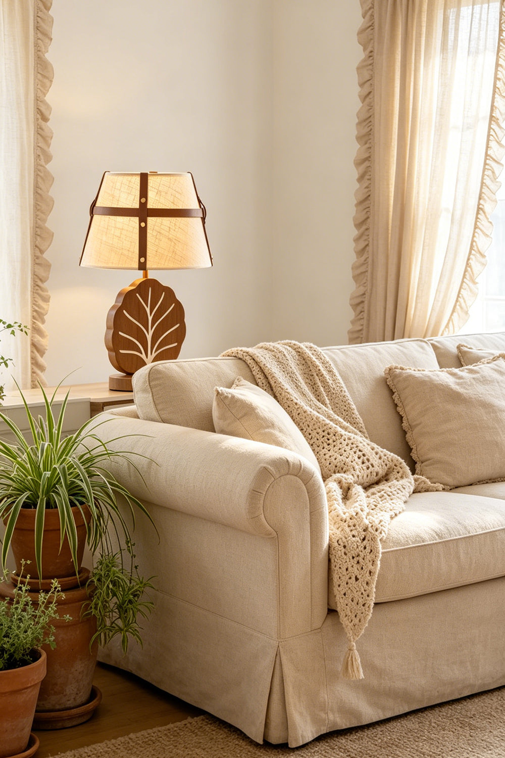 Leafora Botanical Leaf Table Light | Wood, Fabric, Leather | Placed on a side table next to a plush cream linen sofa with a cozy throw blanket, enhancing a warm cottage living room vibe | Samu Lamp