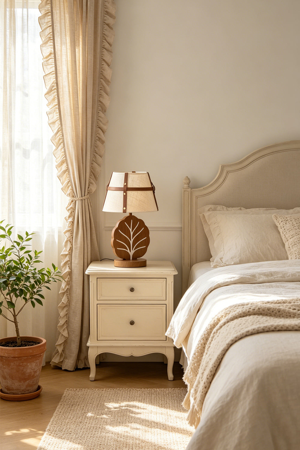 Leafora Botanical Leaf Table Light | Wood, Fabric, Leather | Set on a classic cream nightstand casting a warm, welcoming light in a serene bedroom next to a linen-draped window | Samu Lamp
