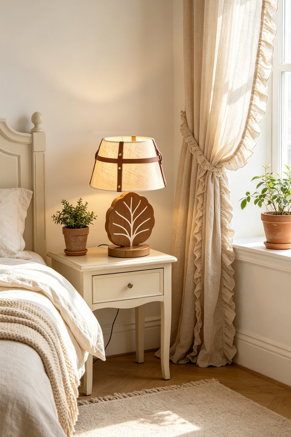 Leafora Botanical Leaf Table Light | Wood, Fabric, Leather | Illuminated bedside lamp sitting on a white vintage nightstand in a cozy farmhouse bedroom next to a bed with neutral linens | Samu Lamp