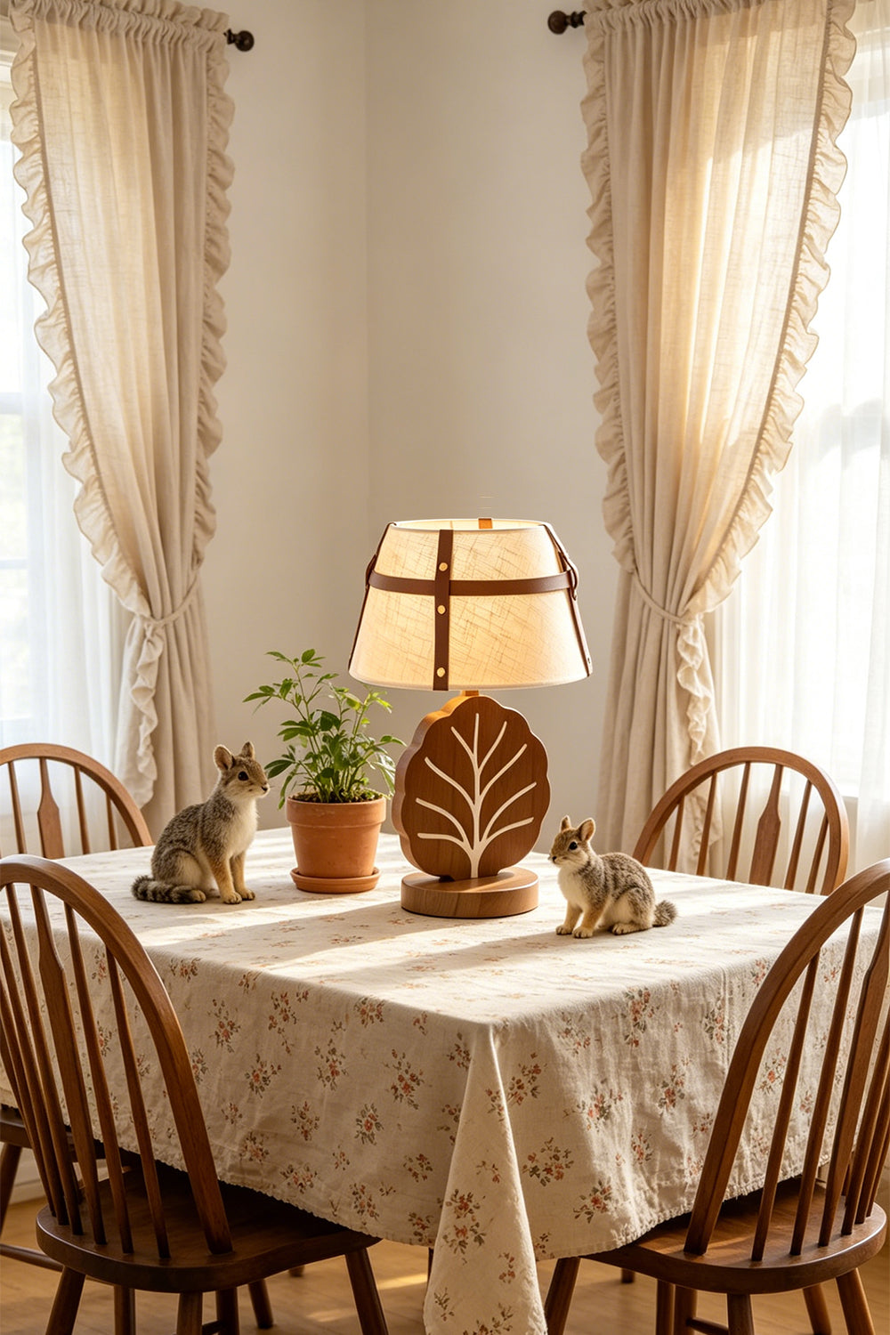 Leafora Botanical Leaf Table Light | Wood, Fabric, Leather | Serving as a whimsical centerpiece on a dining table with a patterned cloth, surrounded by wooden chairs near curtains | Samu Lamp