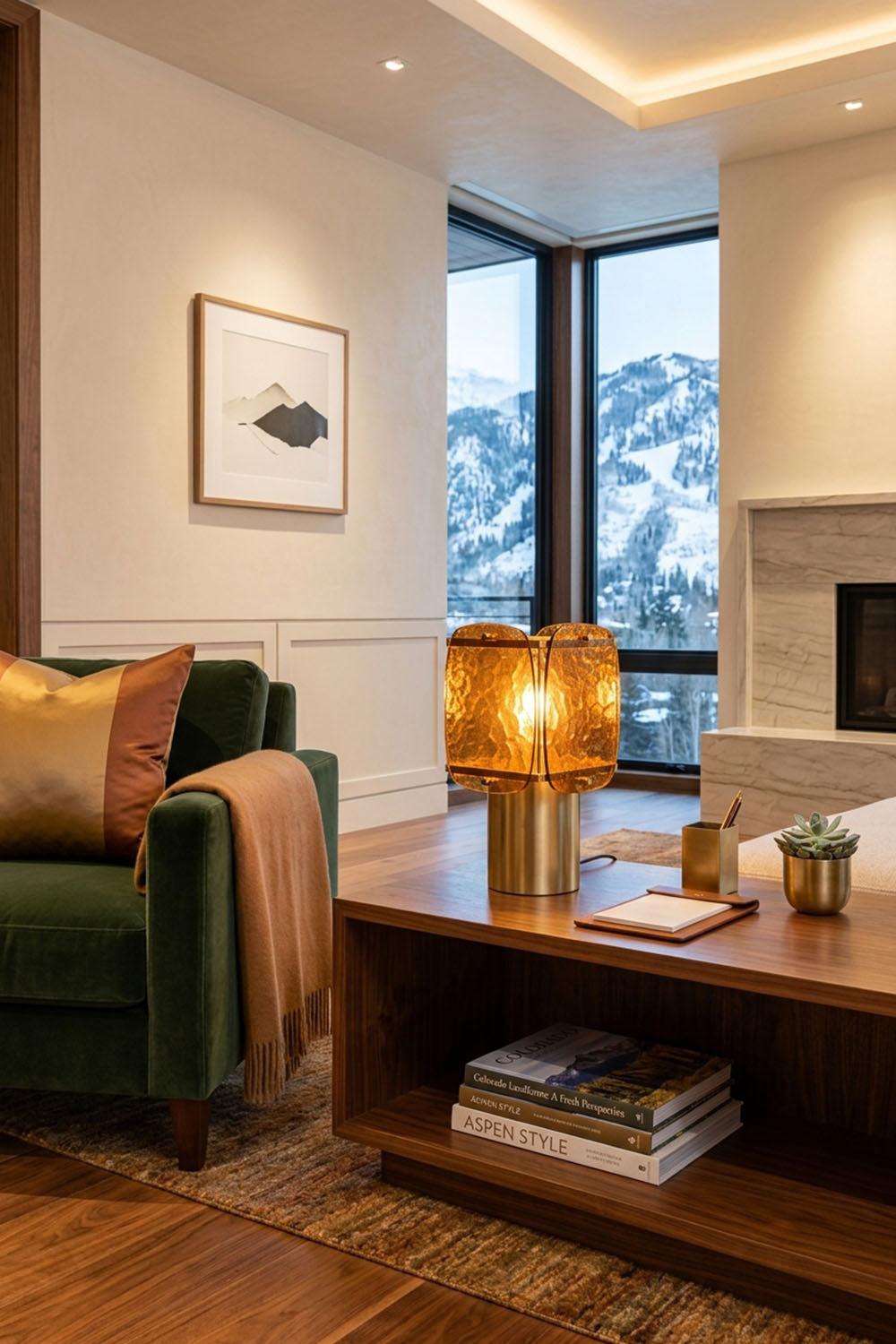 Lesquin Hammered Amber Glass Table Lamp | Hammered Amber Glass and Brass | Displayed on a wooden coffee table in a living room with a stone fireplace | Samu Lamp