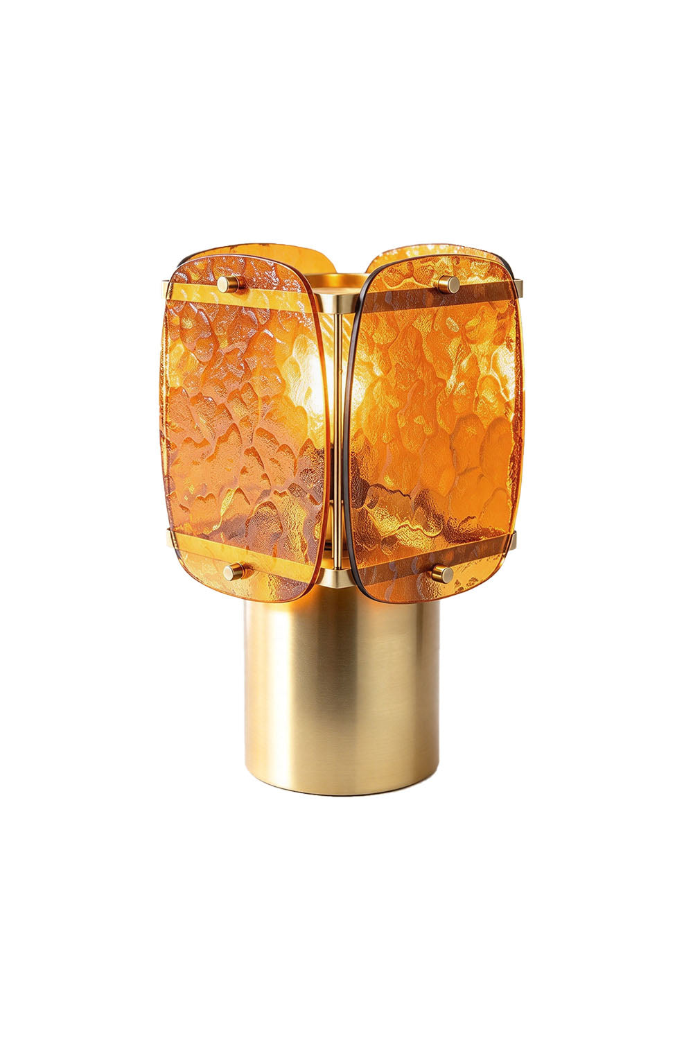 Lesquin Hammered Amber Glass Table Lamp | Hammered Amber Glass and Brass | Front full view on a pure white background, illuminated | Samu Lamp