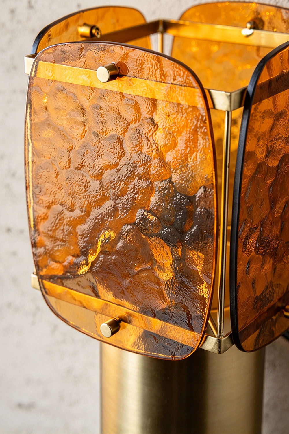 Lesquin Hammered Amber Glass Table Lamp | Hammered Amber Glass and Brass | Side close-up view highlighting the textured hammered amber glass panel and brass base | Samu Lamp