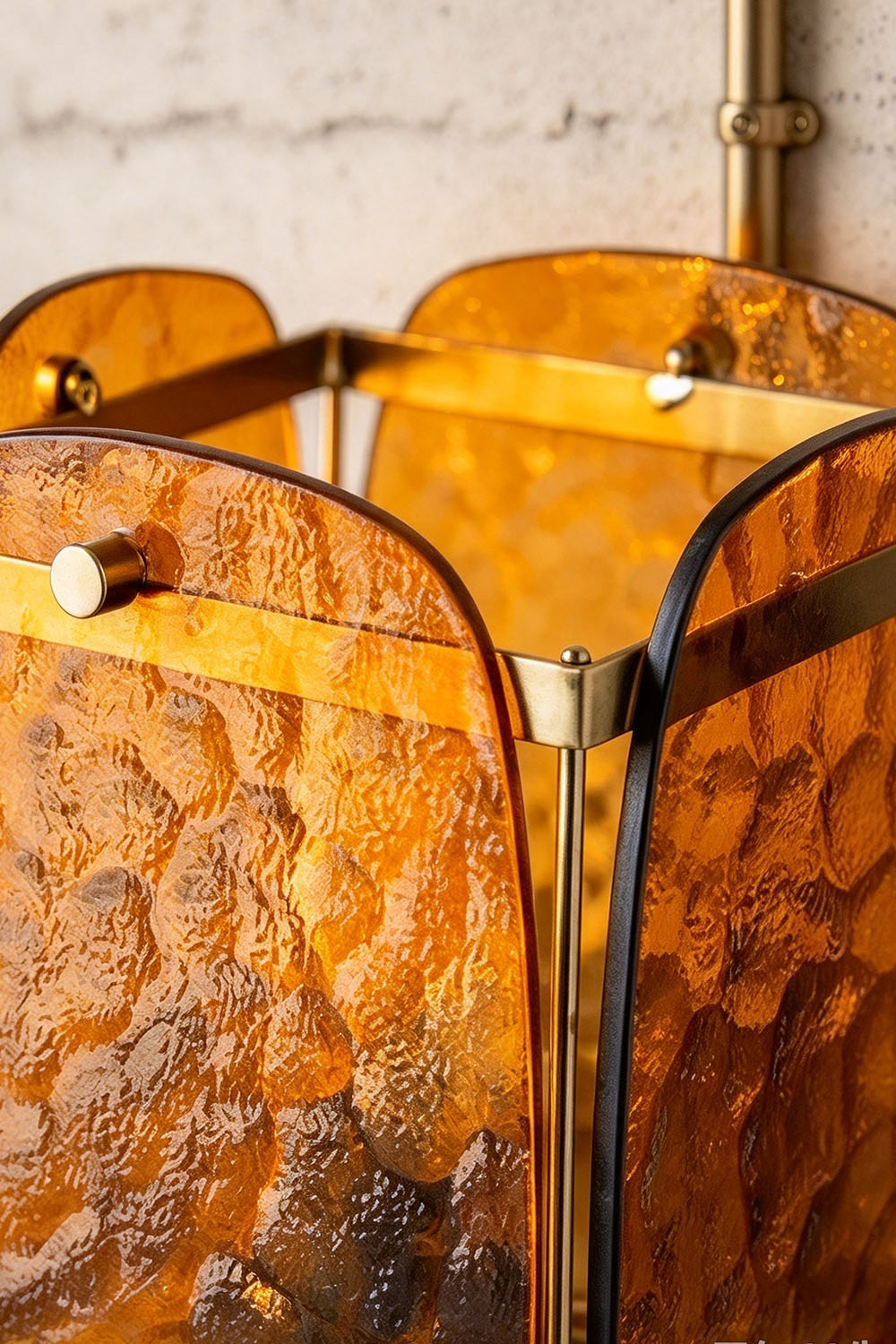 Lesquin Hammered Amber Glass Table Lamp | Hammered Amber Glass and Brass | Top perspective view showing the brass cylinder frame and amber glass panels | Samu Lamp