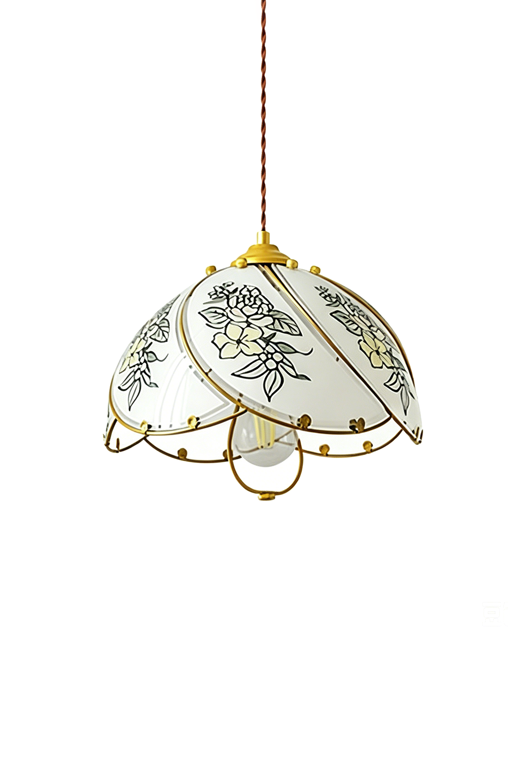 Lillian Retro Floral Pendant Lamp | Glass, Metal | Vintage-style pendant light with a white scalloped glass shade painted with delicate floral patterns and a gold metal wire frame | Isolated product shot on white background | Samu Lamp