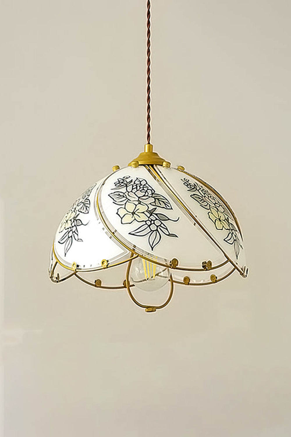 Lillian Retro Floral Pendant Lamp | Glass, Metal | Front view of the fully illuminated floral glass hanging lamp radiating soft ambient light against a neutral studio wall | Samu Lamp