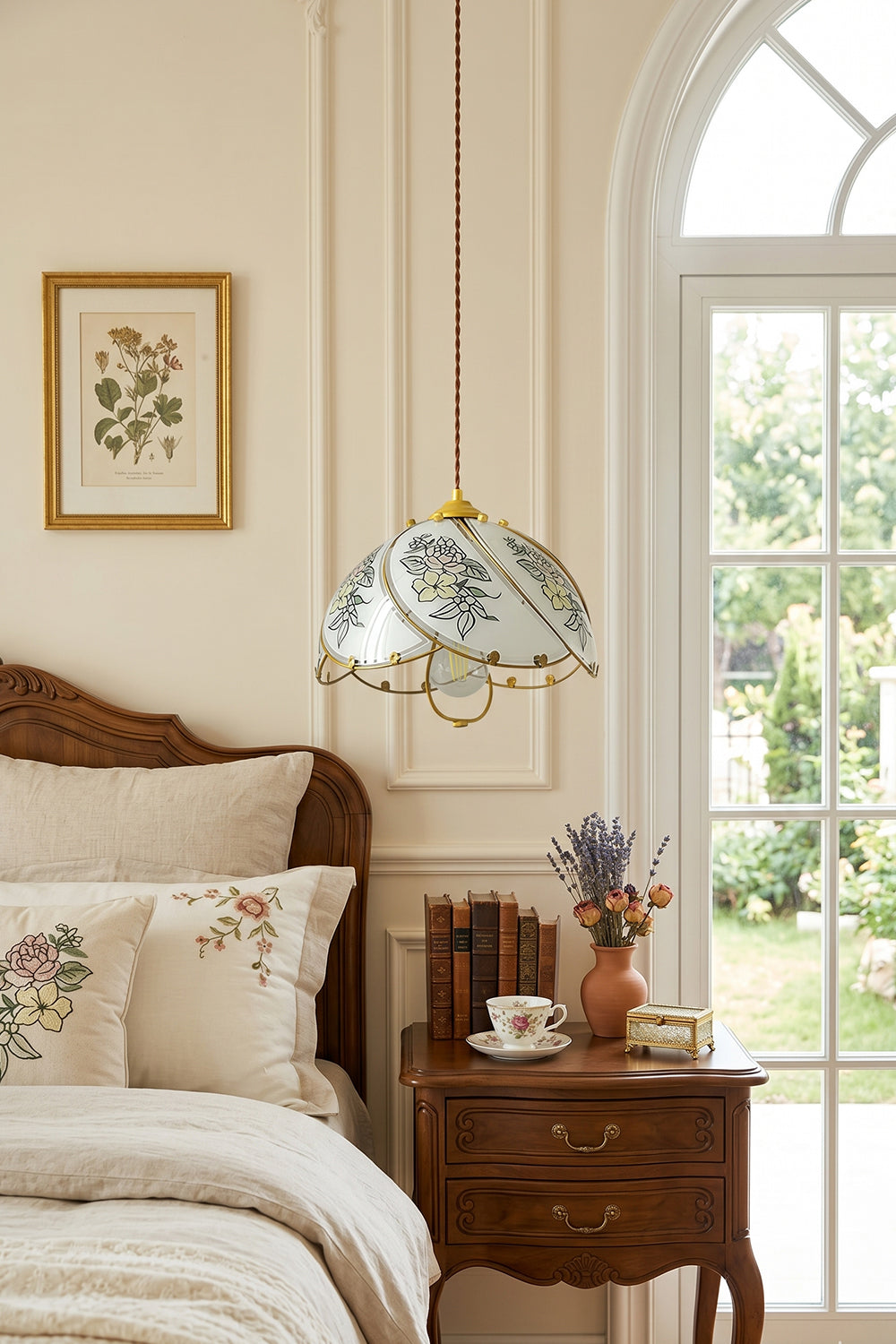 Lillian Retro Floral Pendant Lamp | Glass, Metal | Positioned over a vintage dark wood nightstand next to a classical bed under soft natural light from an arched window | Samu Lamp