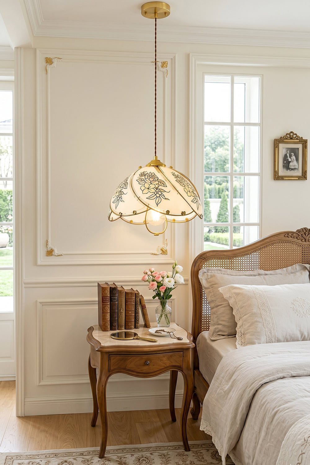 Lillian Retro Floral Pendant Lamp | Glass, Metal | Hanging as an elegant bedside lamp over a classic wooden nightstand in a bright white paneled bedroom | Samu Lamp