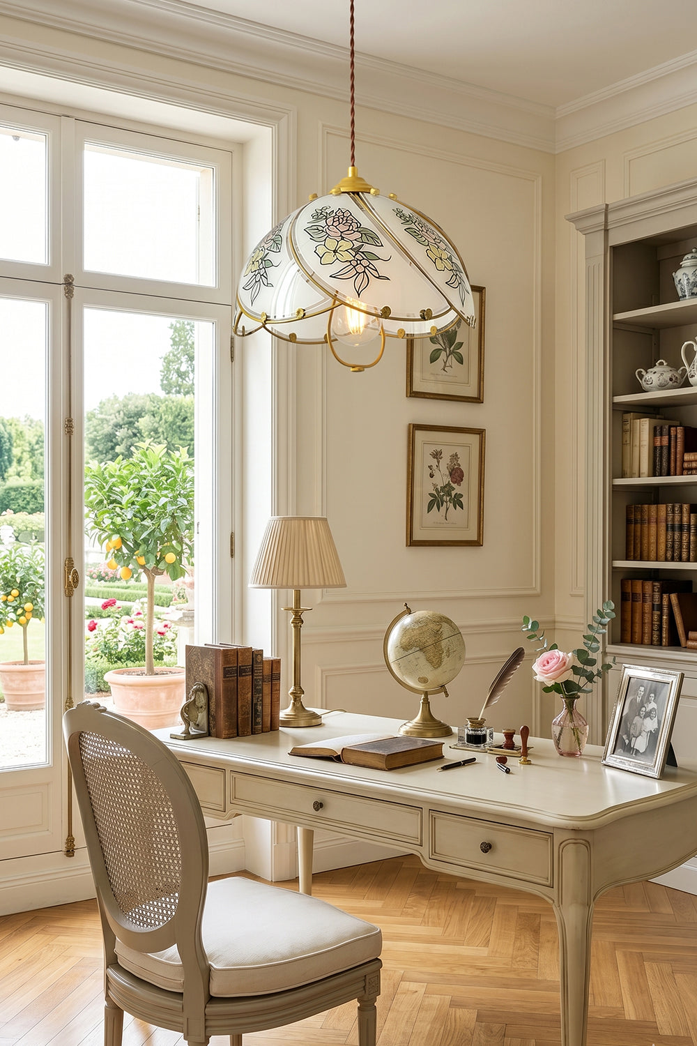 Lillian Retro Floral Pendant Lamp | Glass, Metal | Illuminating a minimalist white writing desk and traditional chair near a large glass door in a sunlit room | Samu Lamp