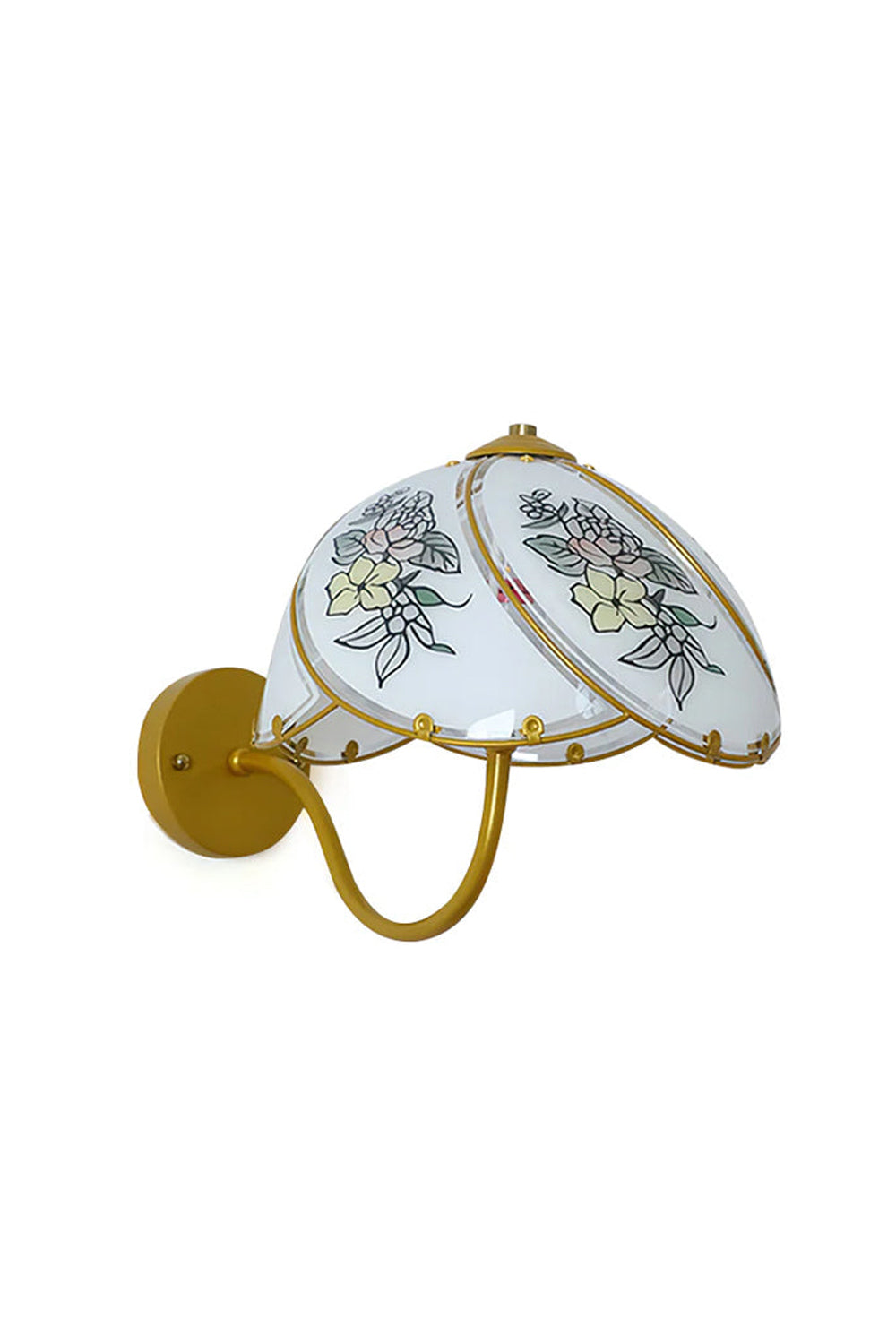 Lillian Retro Floral Wall Lamp | Glass, Metal | Vintage wall sconce with white scalloped glass panels painted with floral patterns and a curved golden brass arm | Isolated lit product shot on white background | Samu Lamp