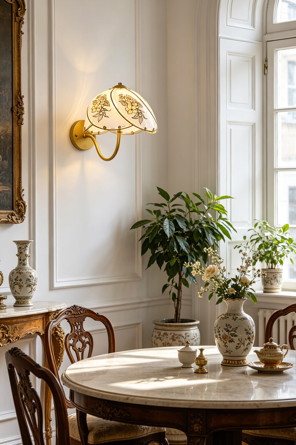 Lillian Retro Floral Wall Lamp | Glass, Metal | Wall-mounted in a traditional dining room, throwing a cozy light over a round wood table and chairs | Samu Lamp