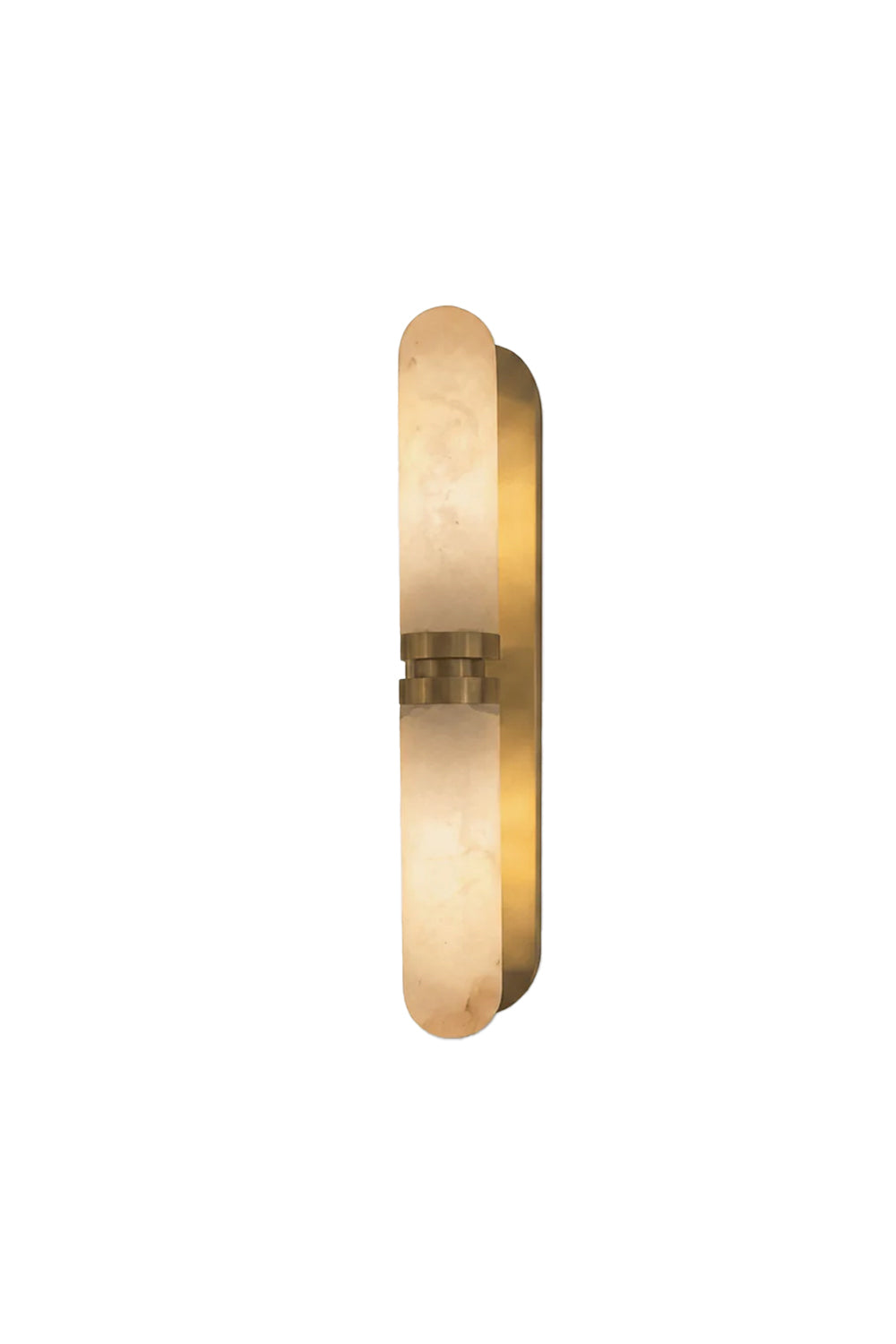 Linea Alabaster Capsule Wall Sconce | Alabaster, Brass | Side isolated view of a modern vertical capsule-shaped wall sconce featuring a smooth natural white alabaster stone shade on a brushed gold brass backing | White background | Samu Lamp
