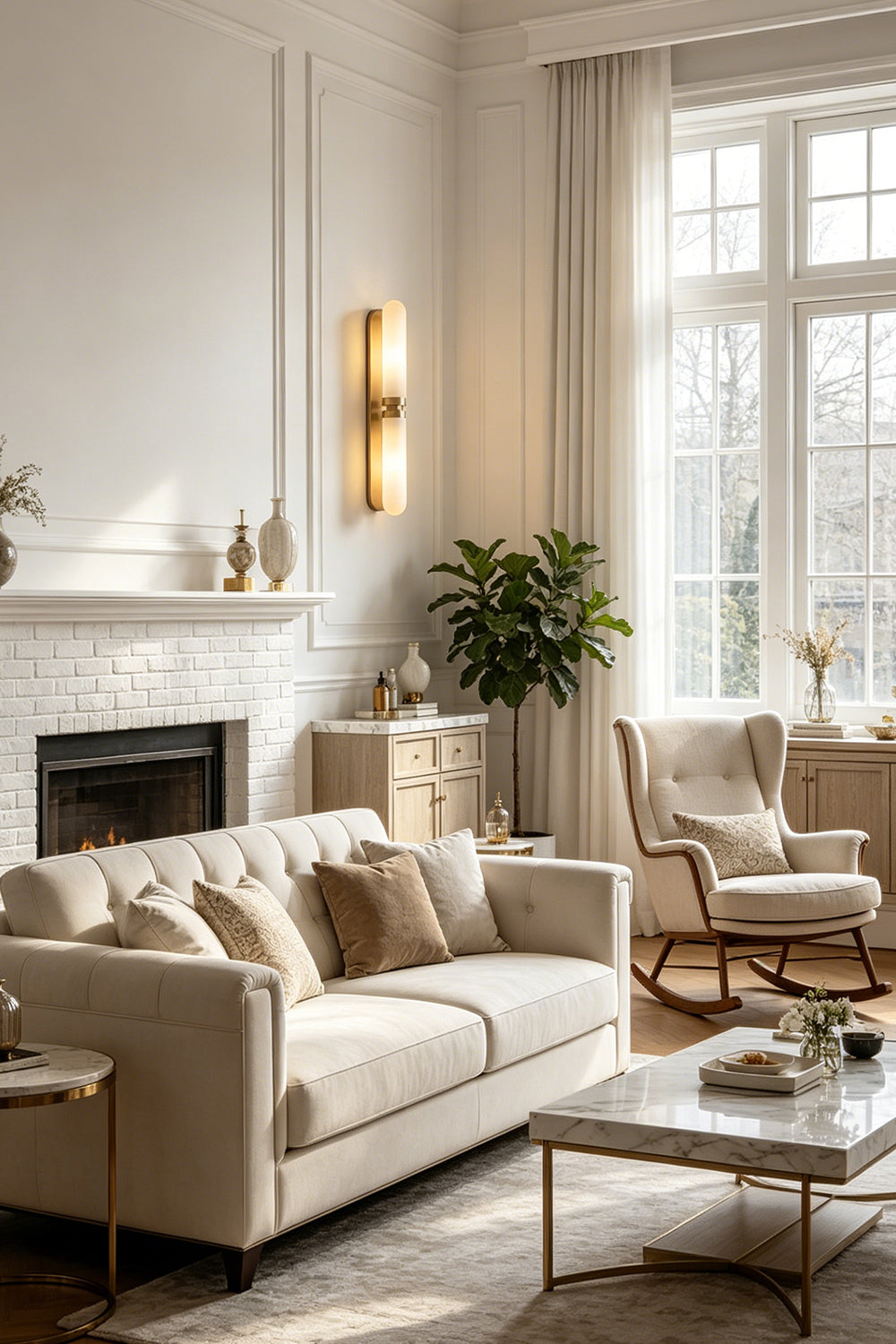 Linea Alabaster Capsule Wall Sconce | Alabaster, Brass | Staged interior view showing a pair of lit vertical alabaster sconces balancing a living room layout with a cream sofa and fireplace | Samu Lamp