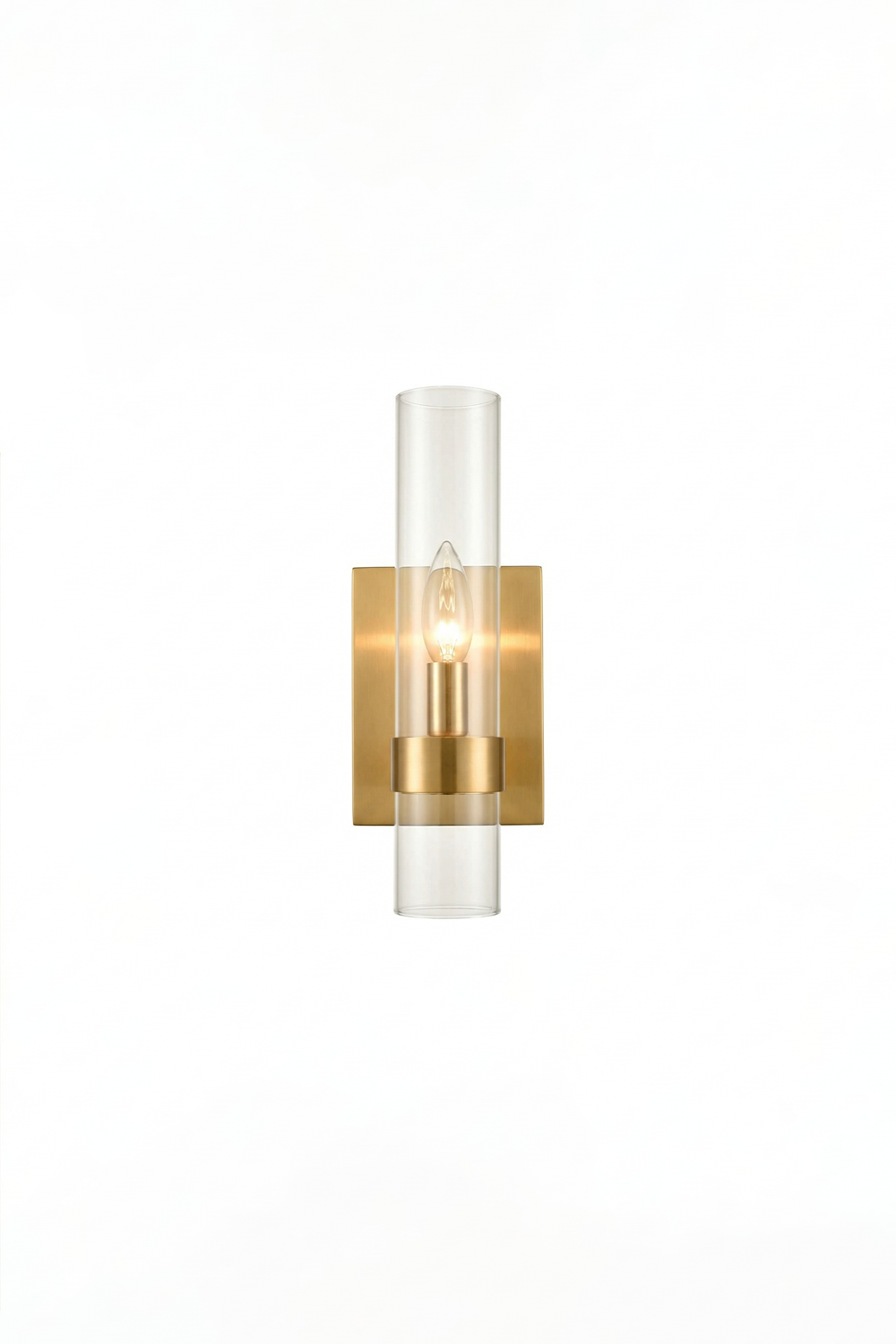 Lit linear brass and glass wall sconce | Brass, Glass | Front view isolated on white background | Samu Lamp