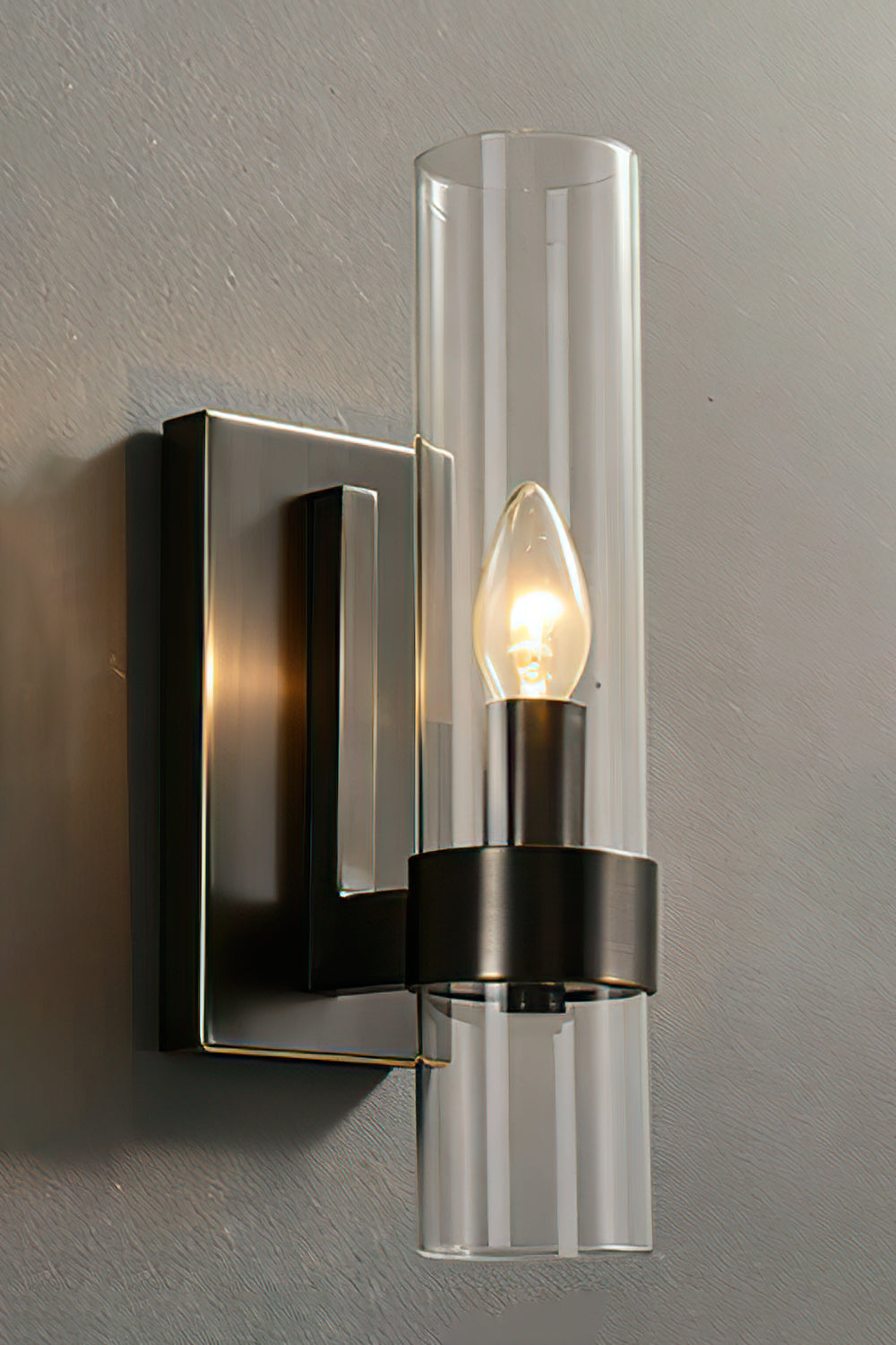 Linear metallic black wall sconce | Brass, Glass | Angled product view showing black finish | Samu Lamp