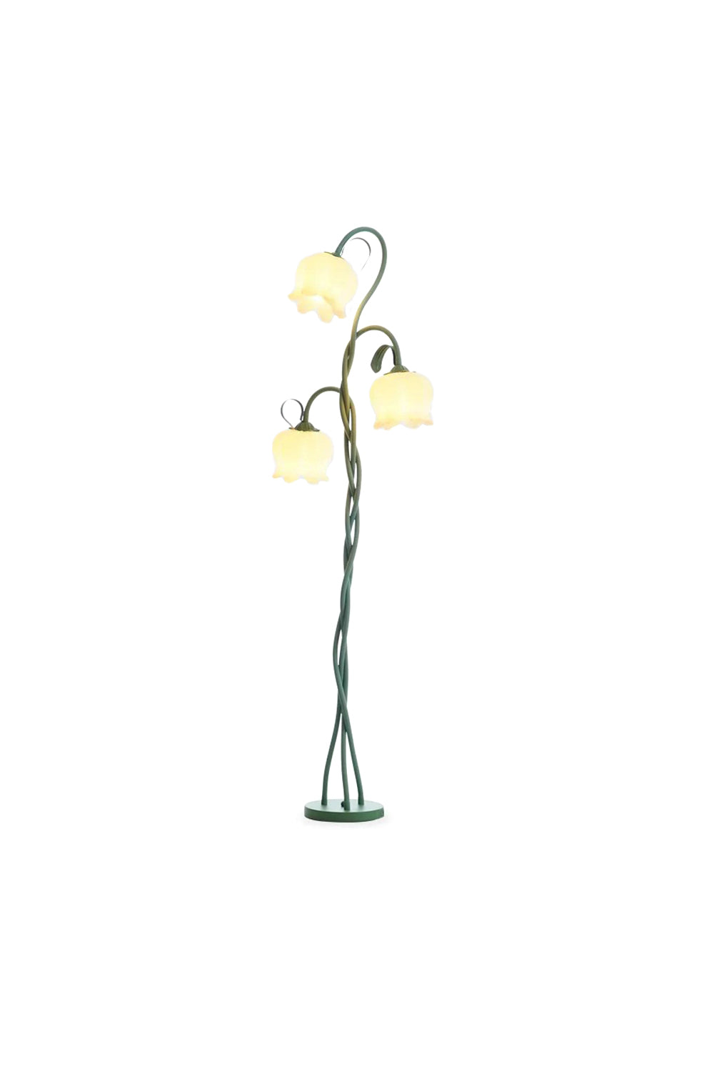 Linnea Tulip Bloom Floor Lamp | Glass and Green Metal | Front full view on a pure white background, illuminated | Samu Lamp