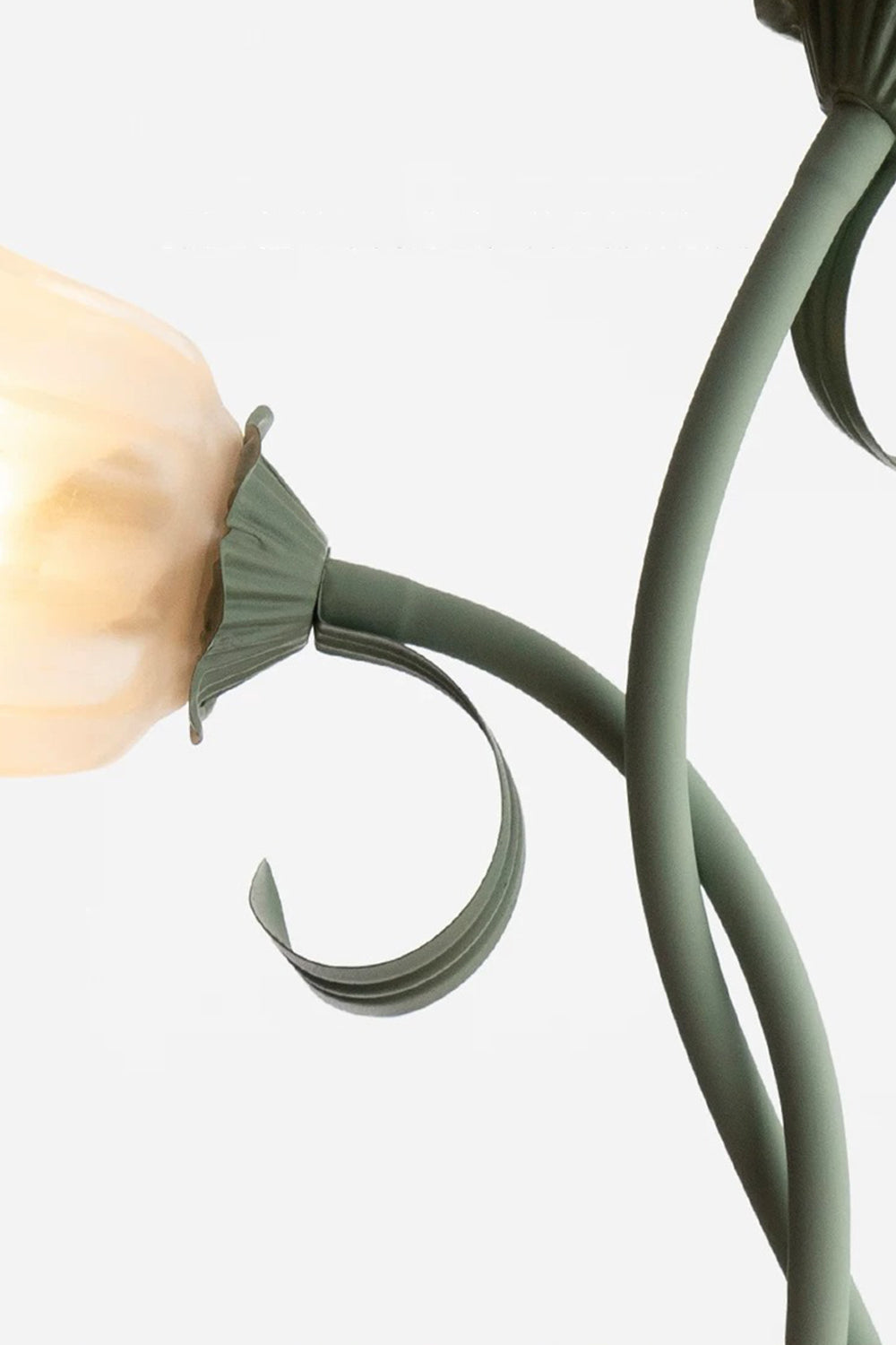 Linnea Tulip Bloom Floor Lamp | Glass and Green Metal | Detail shot showing a frosted glass tulip shade and curved vine-like green stem | Samu Lamp