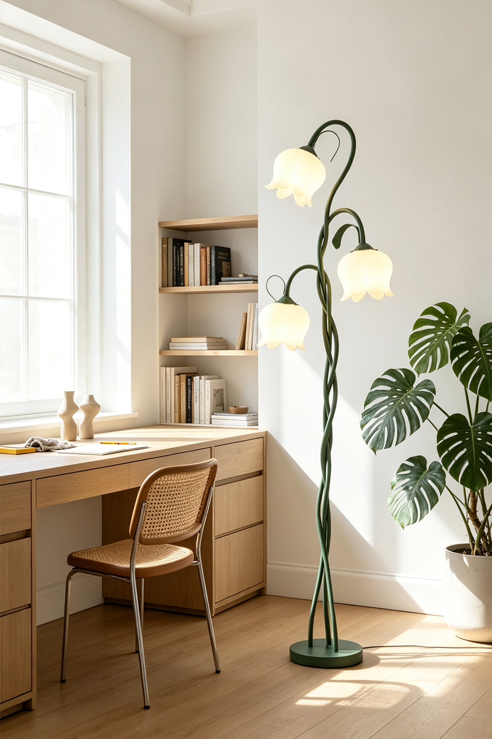 Linnea Tulip Bloom Floor Lamp | Glass and Green Metal | Placed beside a wooden desk in a sunny home office space | Samu Lamp