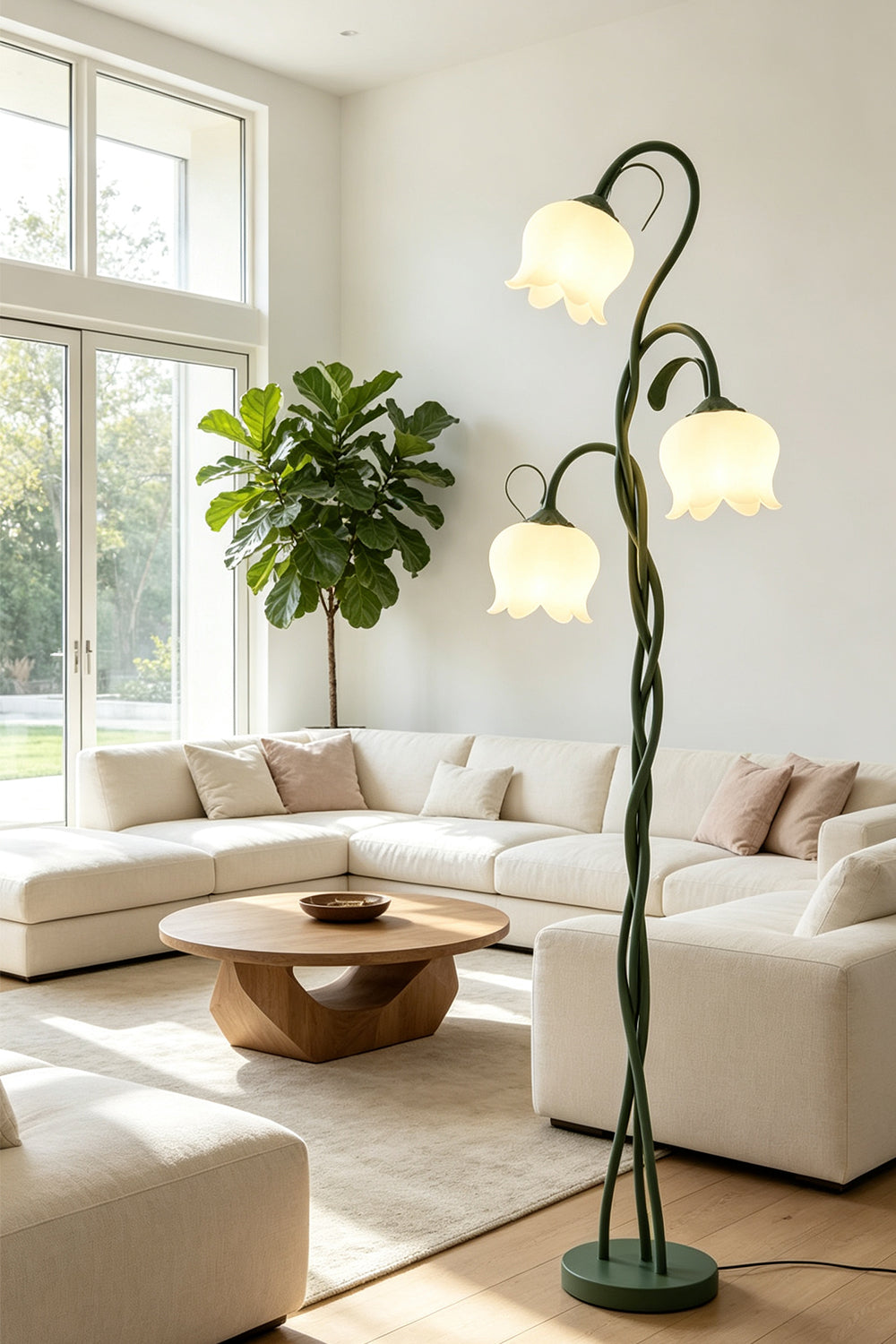 Linnea Tulip Bloom Floor Lamp | Glass and Green Metal | Styled near a white sectional sofa in a cozy living room with large windows | Samu Lamp