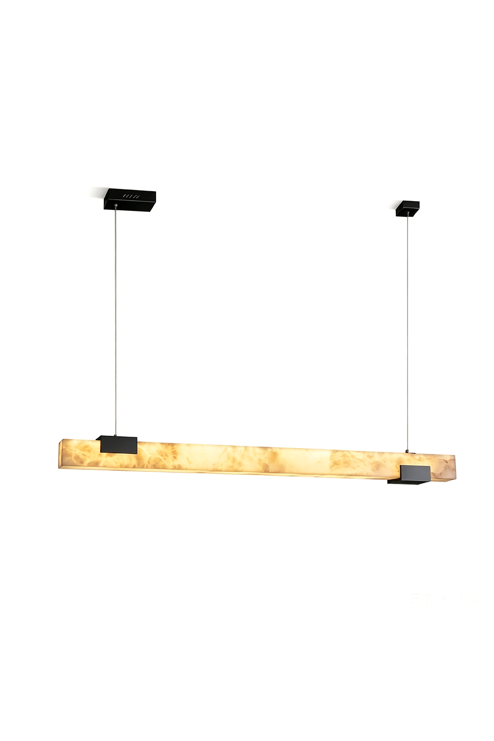 Liora Linear Alabaster Pendant Light | Natural Alabaster and Black Metal | Glowing softly against a pure white background showcasing its sleek block linear design | Samu Lamp