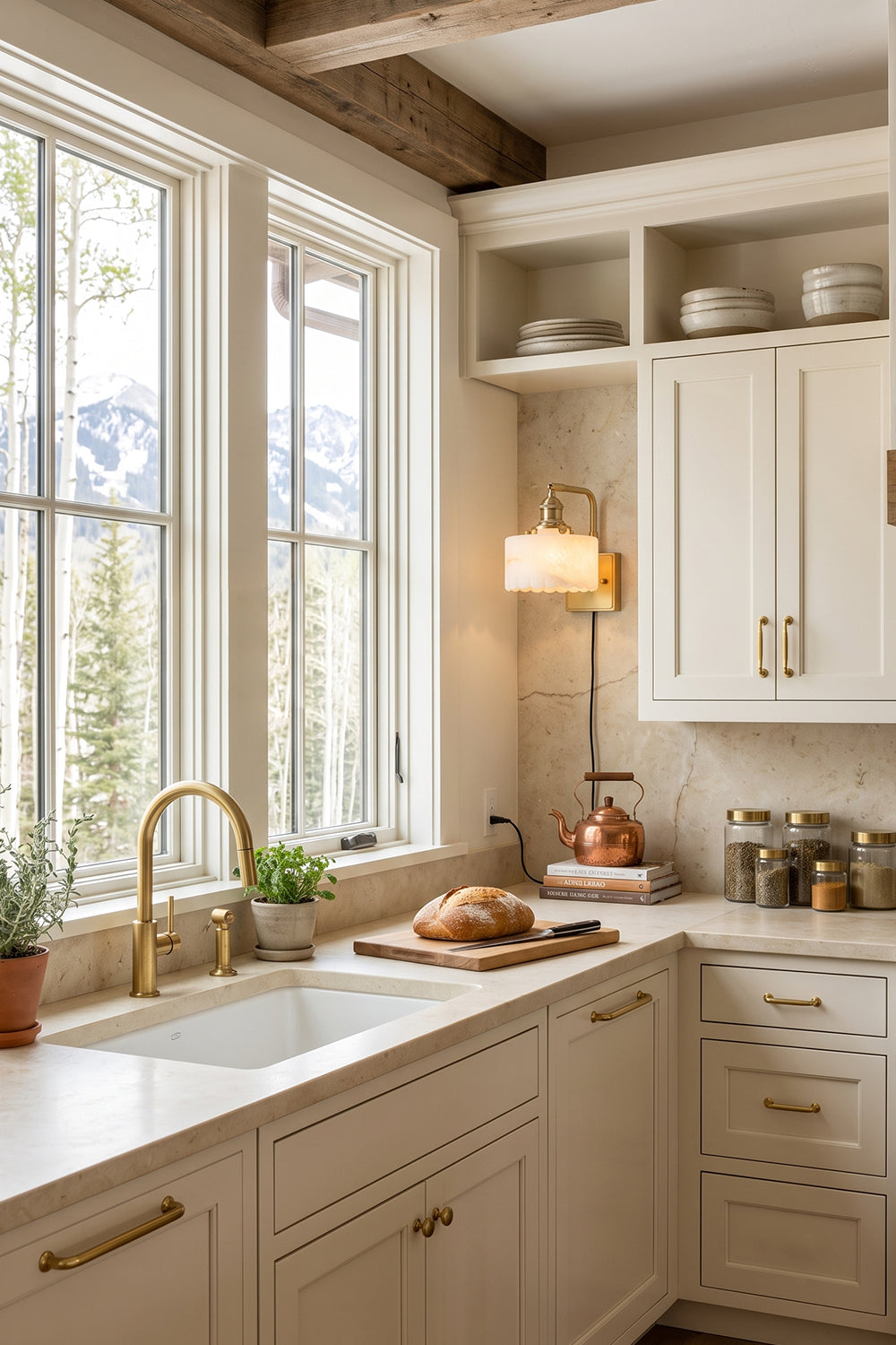 Liora Scalloped Alabaster Wall Sconce | Natural Alabaster and Brushed Brass | Fixed on a bright kitchen wall providing ambient light above white cabinets and a window counter | Samu Lamp