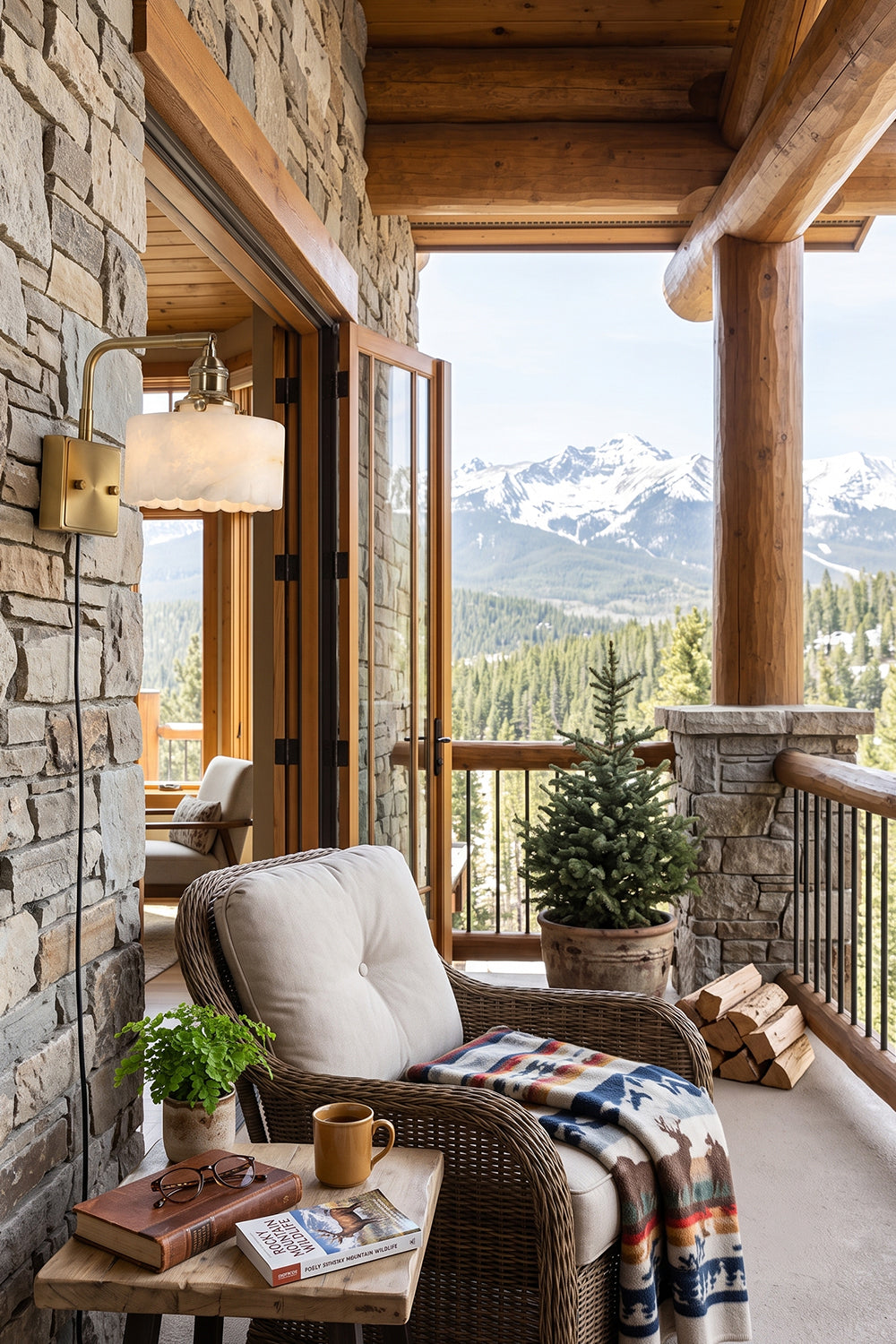 Liora Scalloped Alabaster Wall Sconce | Natural Alabaster and Brushed Brass | Installed on a stone accent wall of a log cabin balcony next to a cozy lounge chair overlooking mountains | Samu Lamp