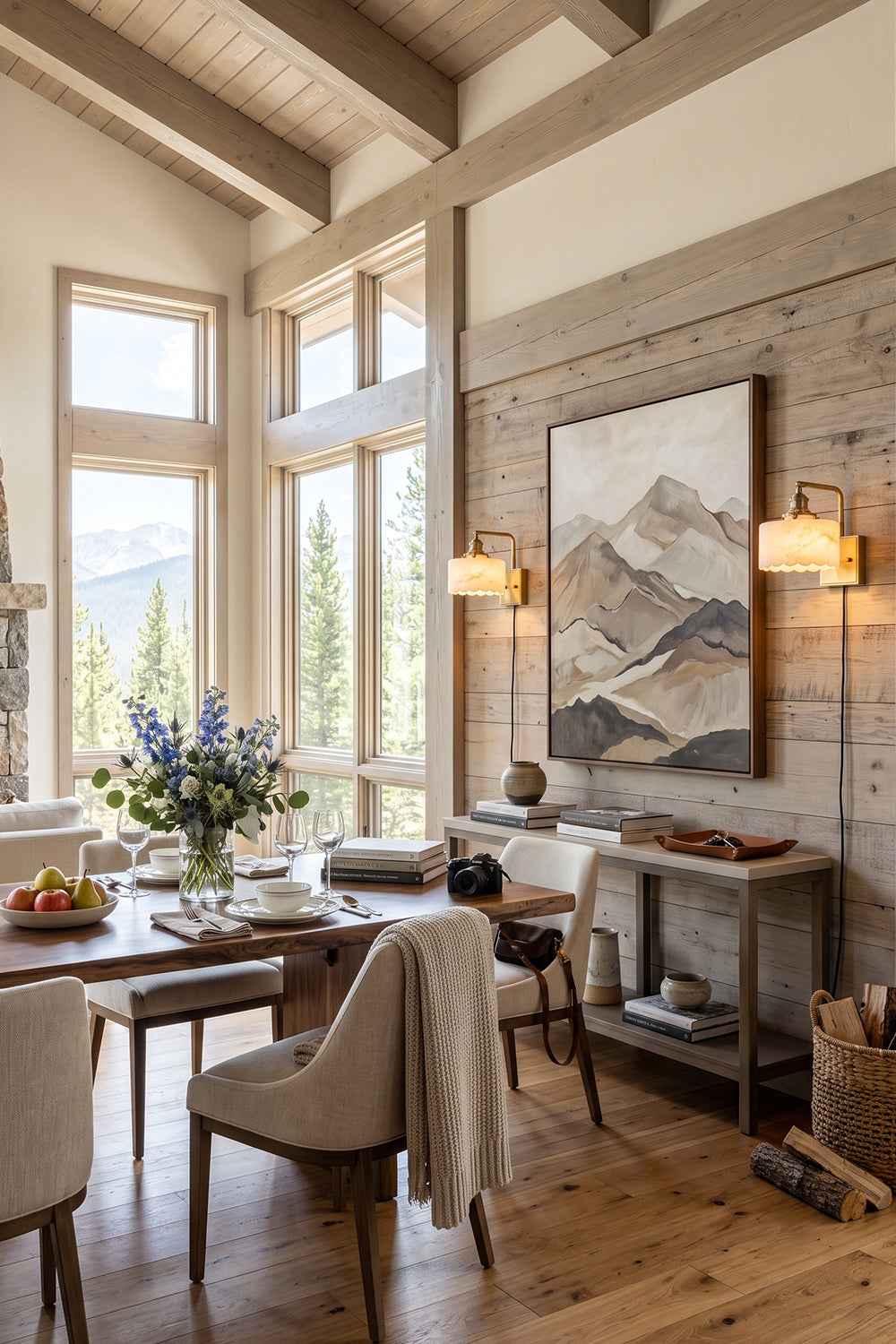 Liora Scalloped Alabaster Wall Sconce | Natural Alabaster and Brushed Brass | Positioned in a rustic modern dining room next to a large mountain painting and wooden table setup | Samu Lamp