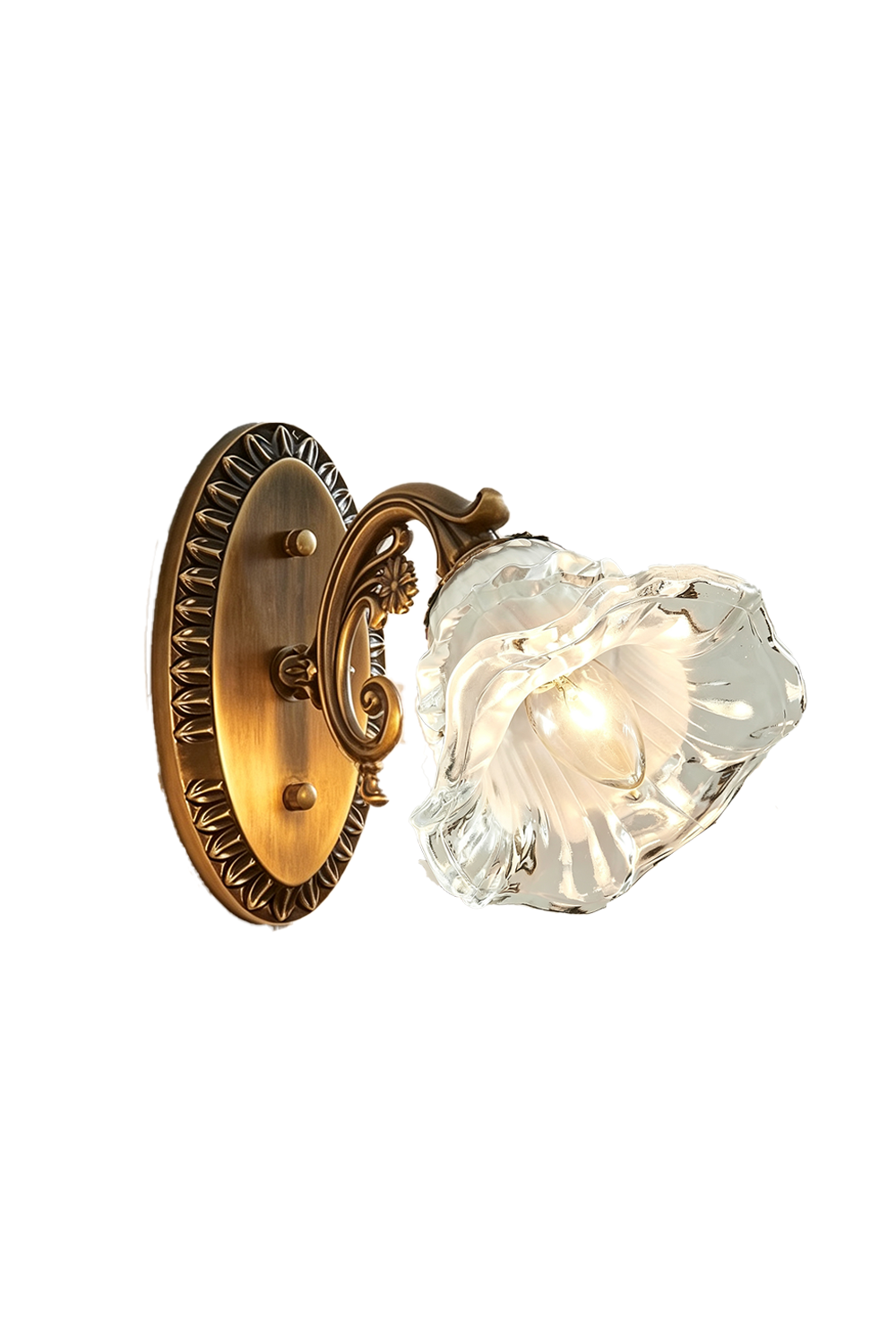 Lisette Blossom Glass Brass Wall Lamp | Glass and Brass | Front angled full view on a pure white background, illuminated | Samu Lamp