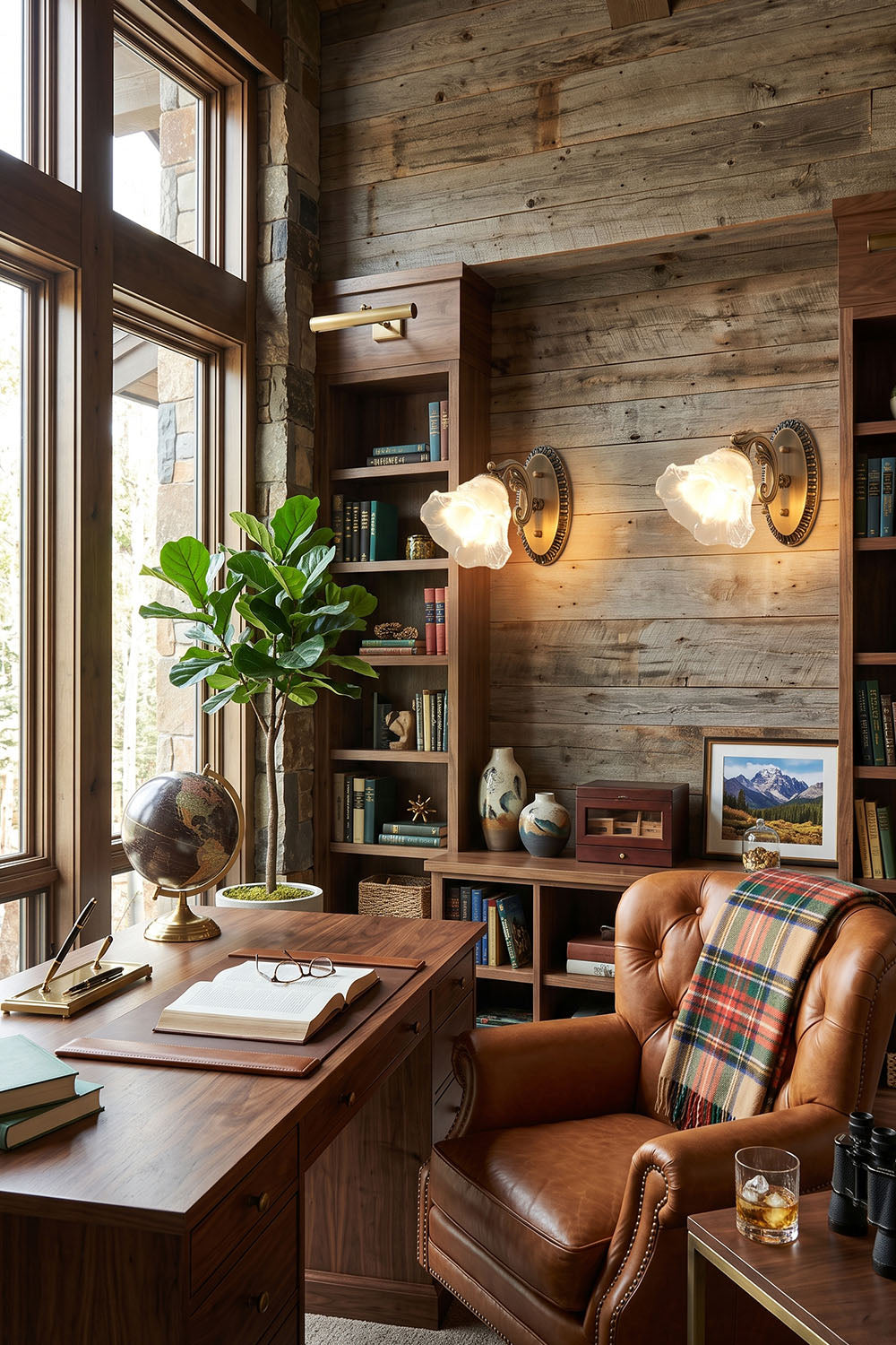 Lisette Blossom Glass Brass Wall Lamp | Glass and Brass | Mounted on a wall in a classic home office with a wooden desk and leather chair | Samu Lamp