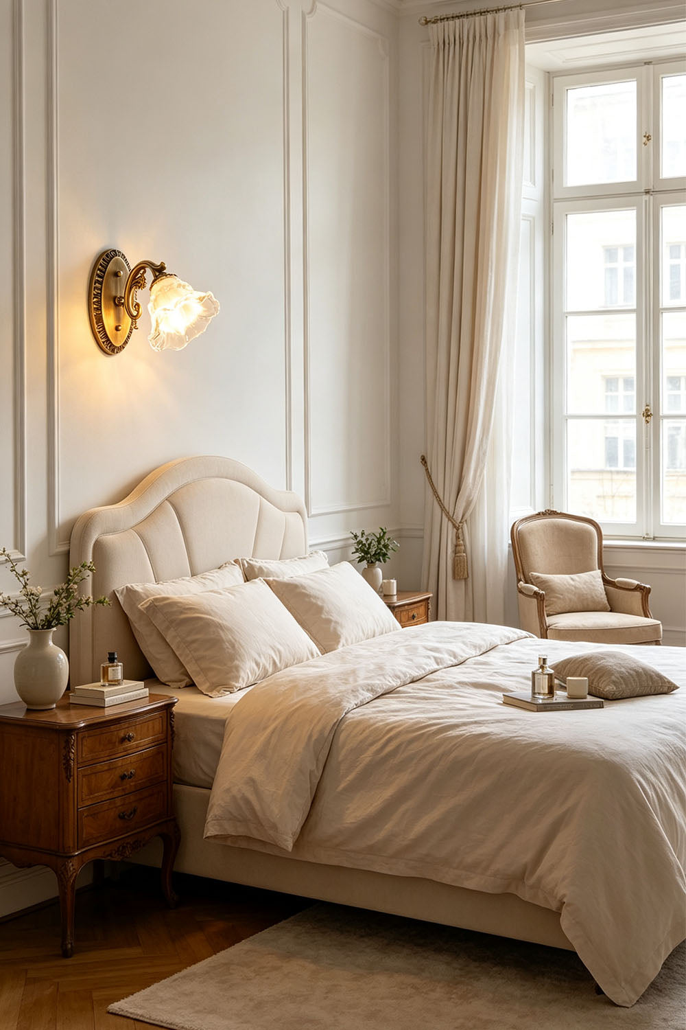 Lisette Blossom Glass Brass Wall Lamp | Glass and Brass | Styled on a bedroom wall beside a comfortable bed and nightstand | Samu Lamp