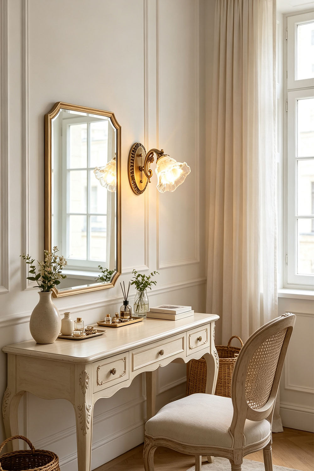 Lisette Blossom Glass Brass Wall Lamp | Glass and Brass | Mounted on a wall near a vintage vanity dressing table and arch mirror | Samu Lamp