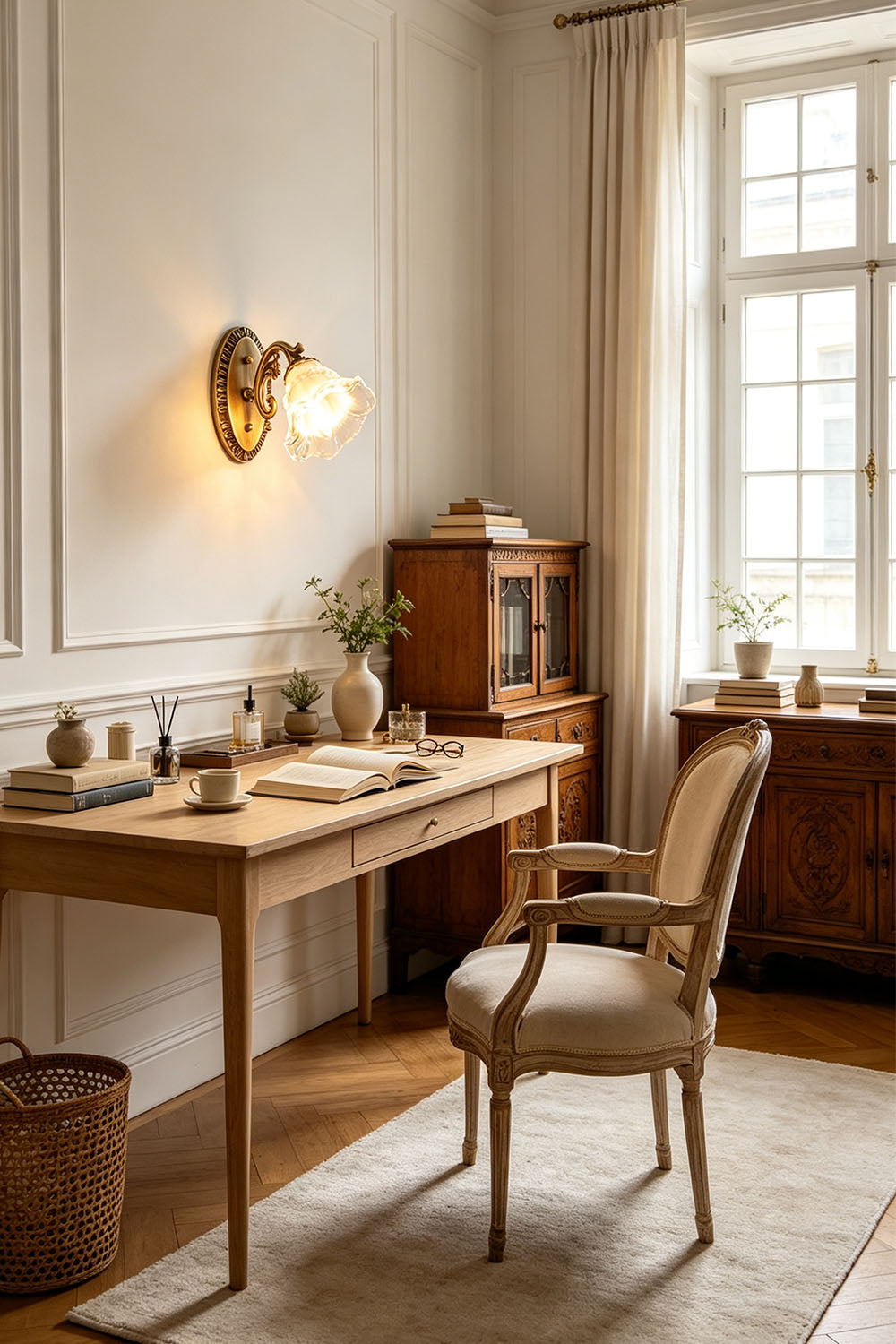 Lisette Blossom Glass Brass Wall Lamp | Glass and Brass | Displayed in an elegant study room above a wooden desk near a window | Samu Lamp