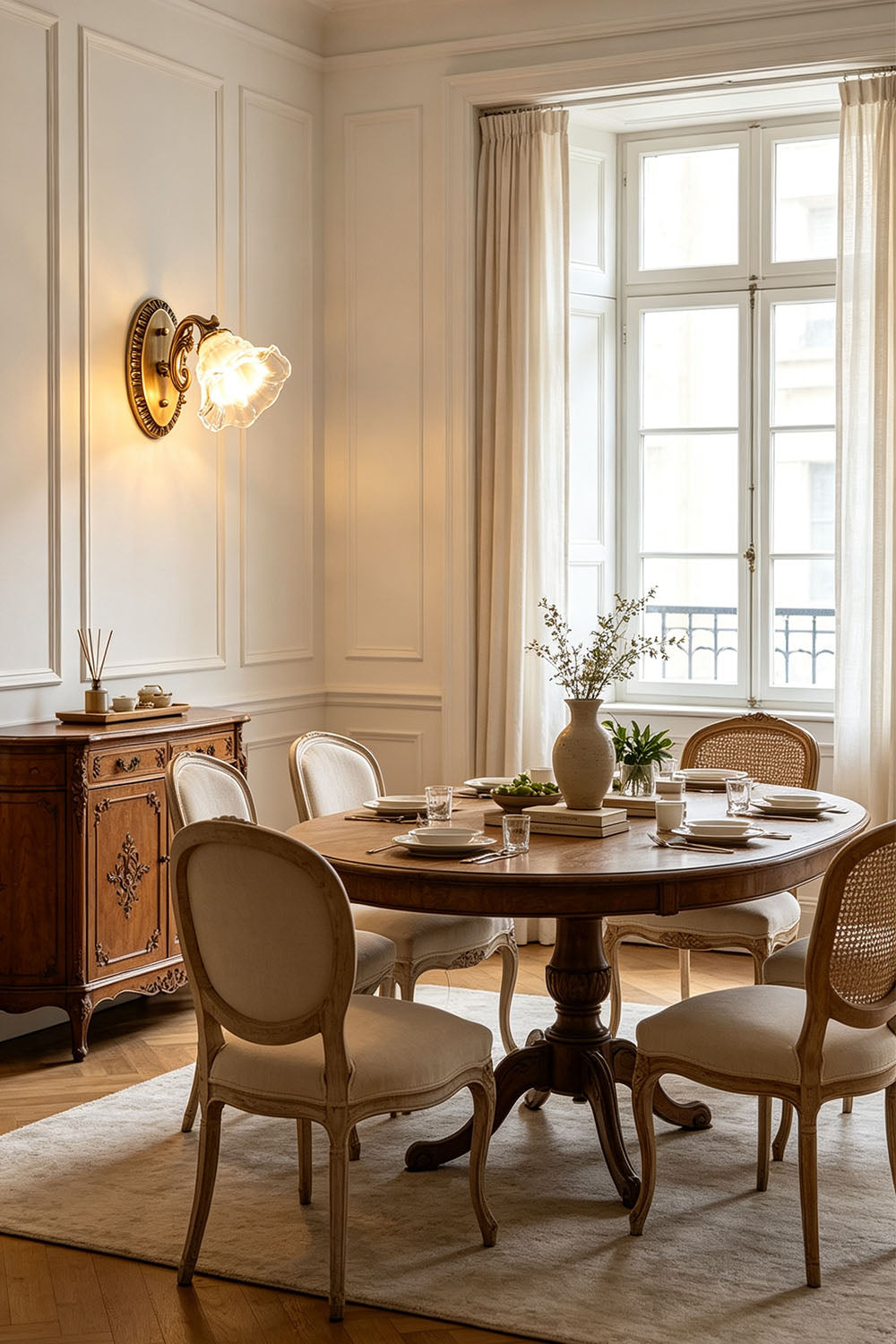 Lisette Blossom Glass Brass Wall Lamp | Glass and Brass | Illuminating a classic dining room with a round wooden table | Samu Lamp