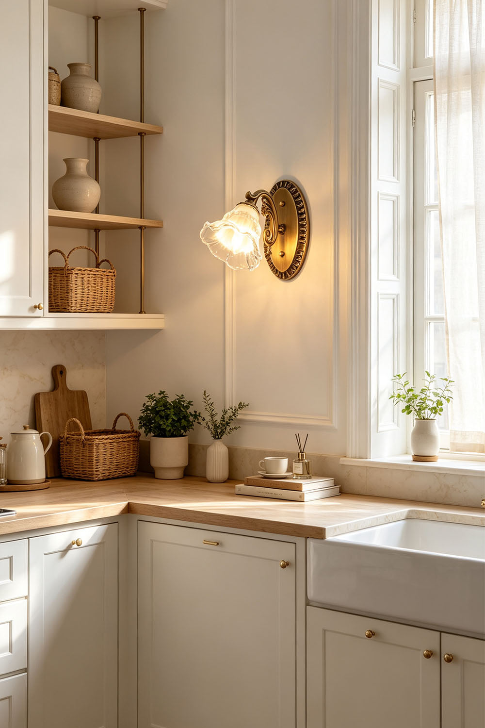Lisette Blossom Glass Brass Wall Lamp | Glass and Brass | Installed on a white wall in a bright kitchen over a wooden counter | Samu Lamp