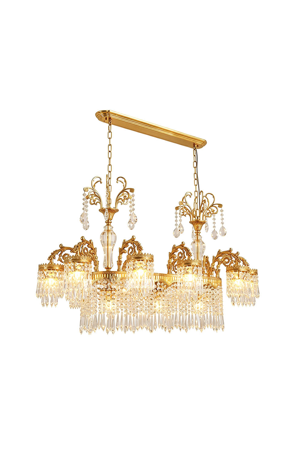 Lisonne Brass Crystal Fringe Linear Chandelier | Cut Crystal and Brass | Front full view on a pure white background, illuminated | Samu Lamp