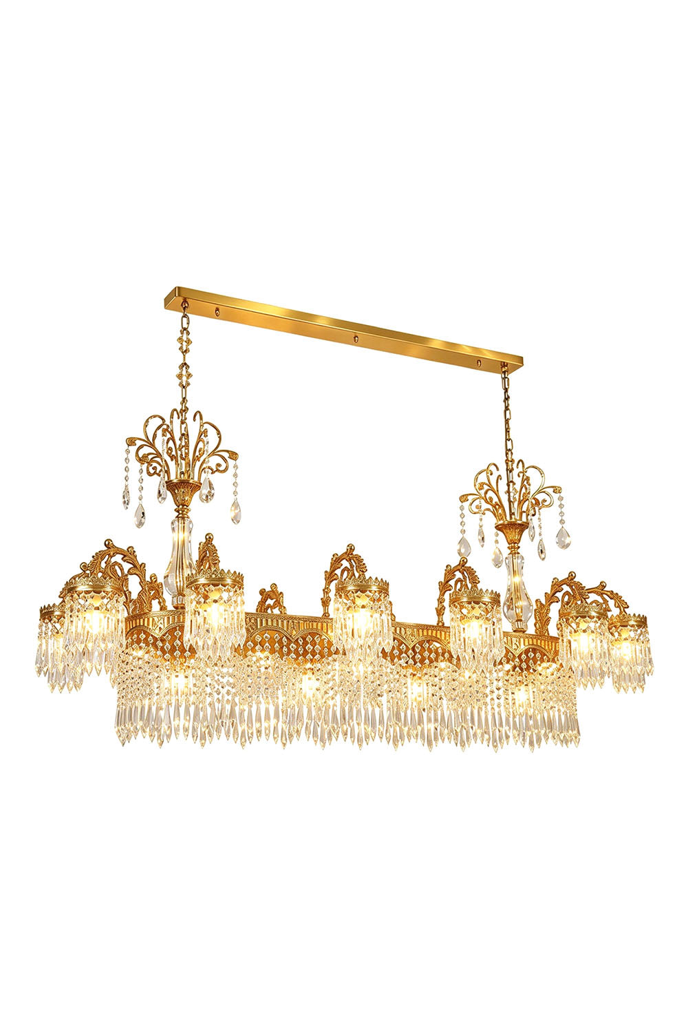 Lisonne Brass Crystal Fringe Linear Chandelier | Cut Crystal and Brass | Studio product view of the illuminated linear chandelier on white background | Samu Lamp