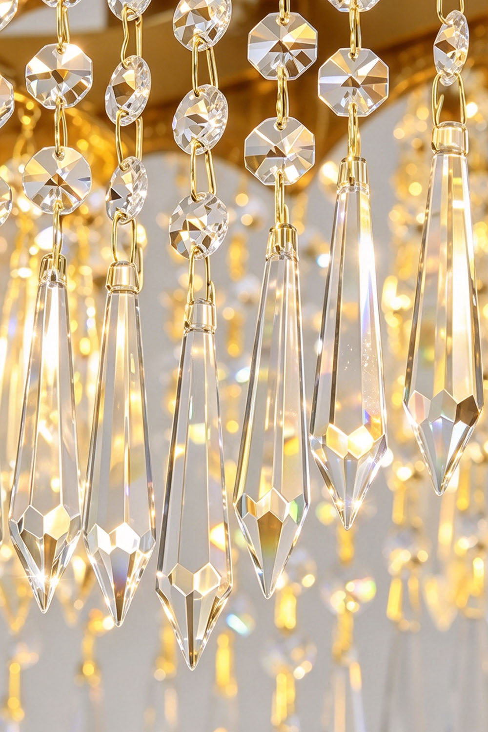 Lisonne Brass Crystal Fringe Linear Chandelier | Cut Crystal and Brass | Macro close-up shot of sparkling clear crystal fringe and brass rim | Samu Lamp