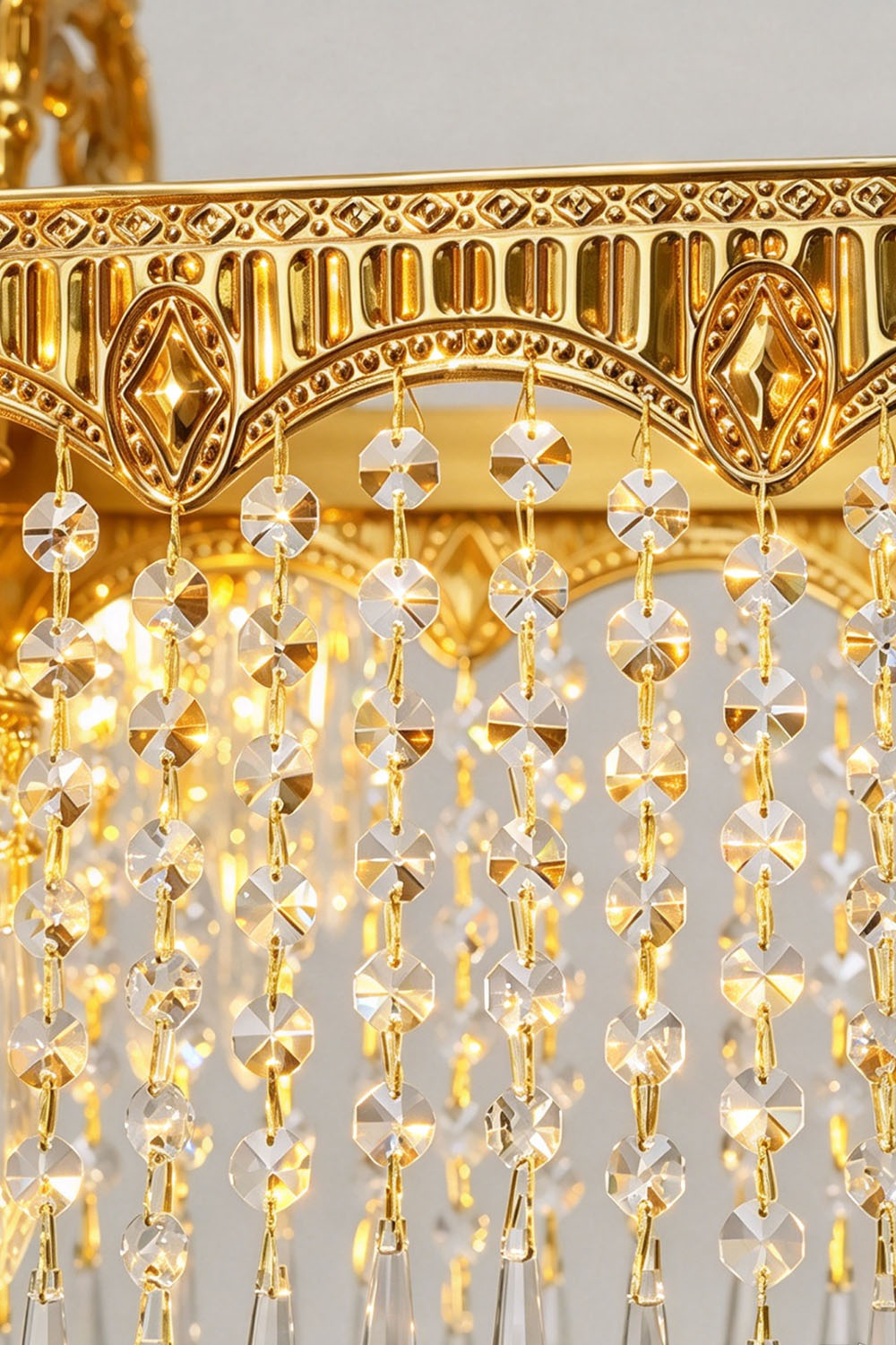 Lisonne Brass Crystal Fringe Linear Chandelier | Cut Crystal and Brass | Close-up view of the filigree brass rim and draped crystal bead strands | Samu Lamp