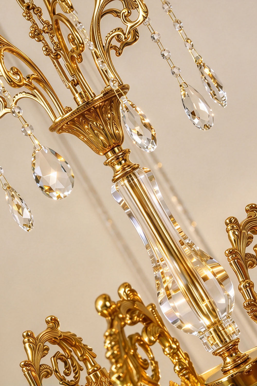 Lisonne Brass Crystal Fringe Linear Chandelier | Cut Crystal and Brass | Close-up detail showing the ornate brass scroll column and crystal drops | Samu Lamp