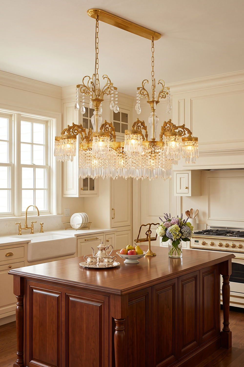 Lisonne Brass Crystal Fringe Linear Chandelier | Cut Crystal and Brass | Hanging over a dark wooden kitchen island counter | Samu Lamp