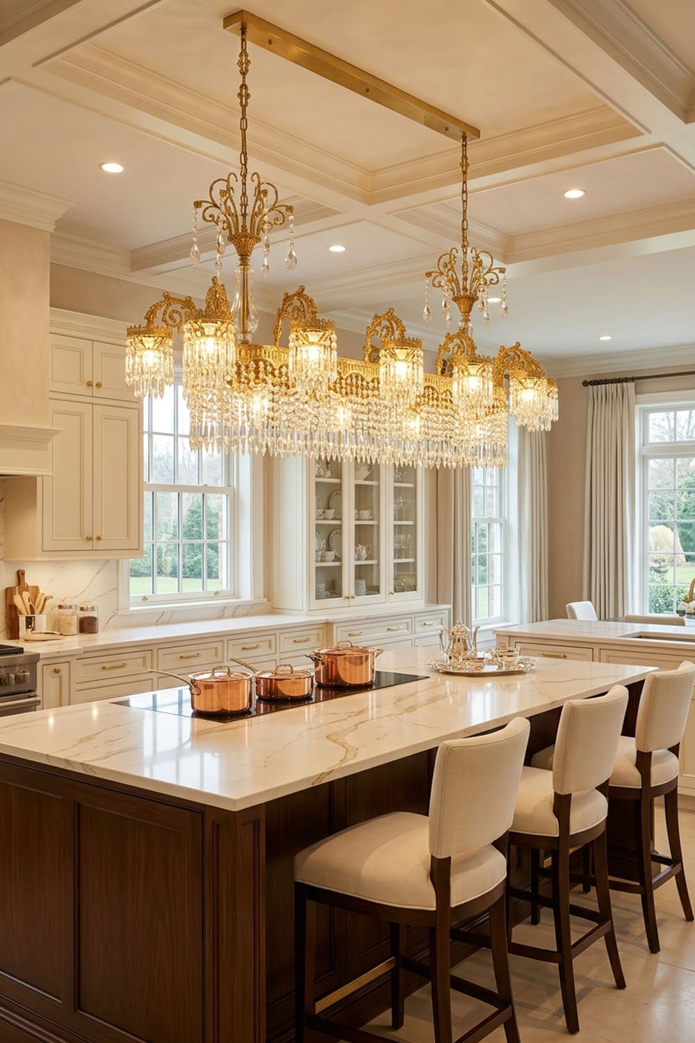 Lisonne Brass Crystal Fringe Linear Chandelier | Cut Crystal and Brass | Centered above an island table in an open-concept modern kitchen | Samu Lamp