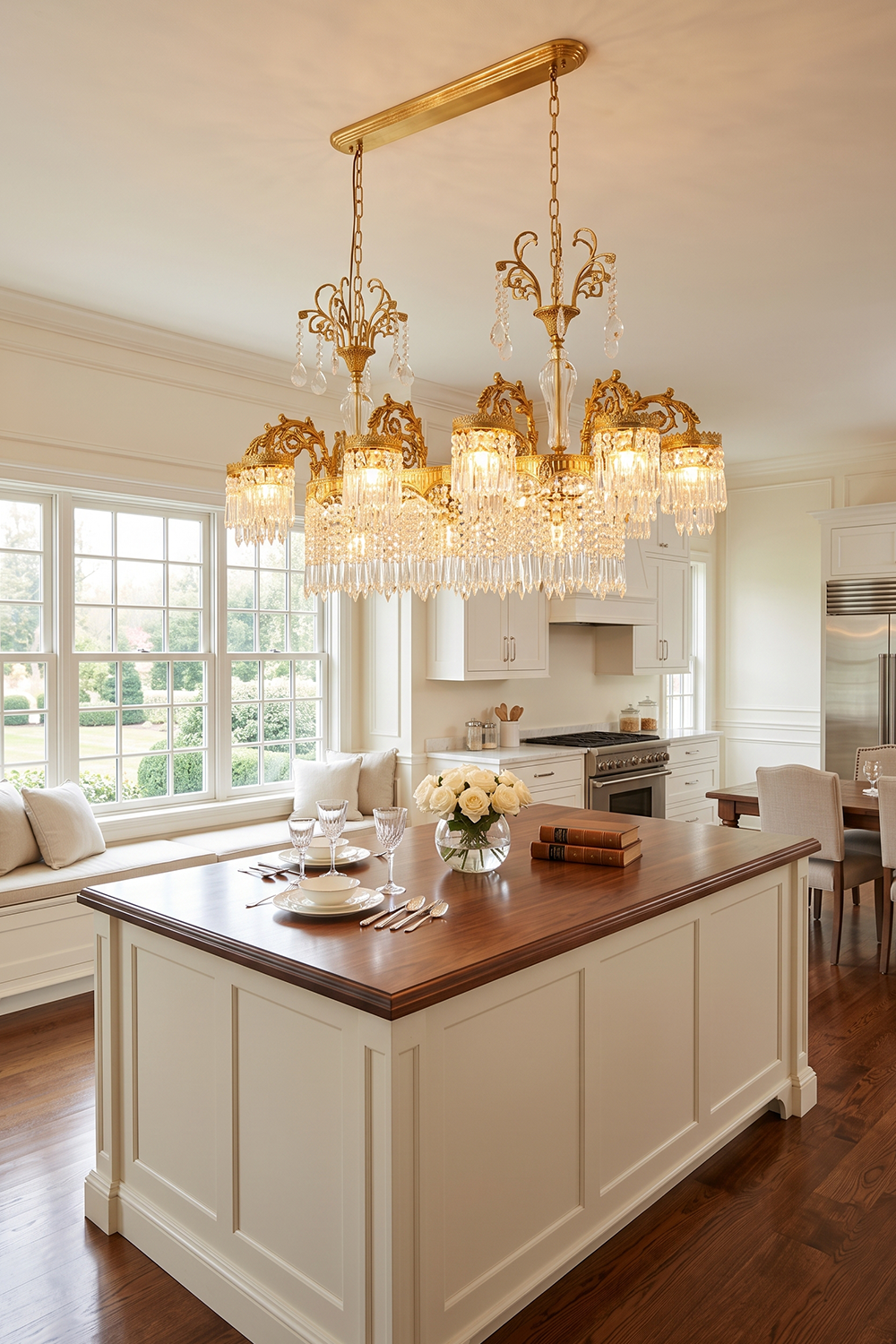 Lisonne Brass Crystal Fringe Linear Chandelier | Cut Crystal and Brass | Styled above a white kitchen island in a sunlit bright kitchen | Samu Lamp