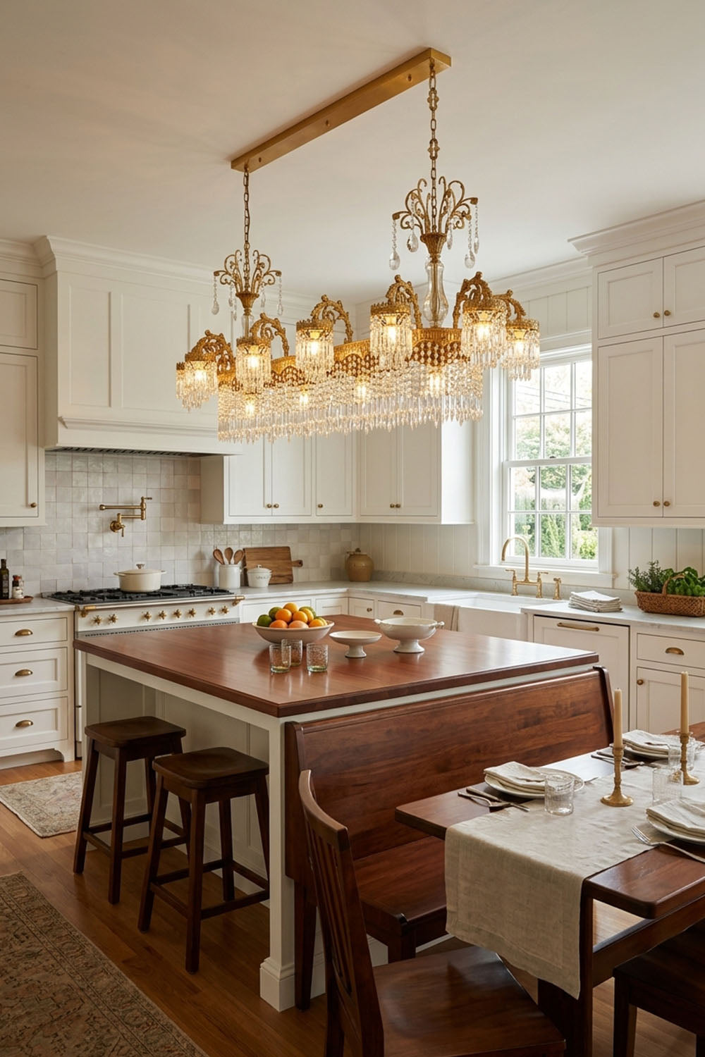 Lisonne Brass Crystal Fringe Linear Chandelier | Cut Crystal and Brass | Installed above a kitchen island breakfast bar near large windows | Samu Lamp