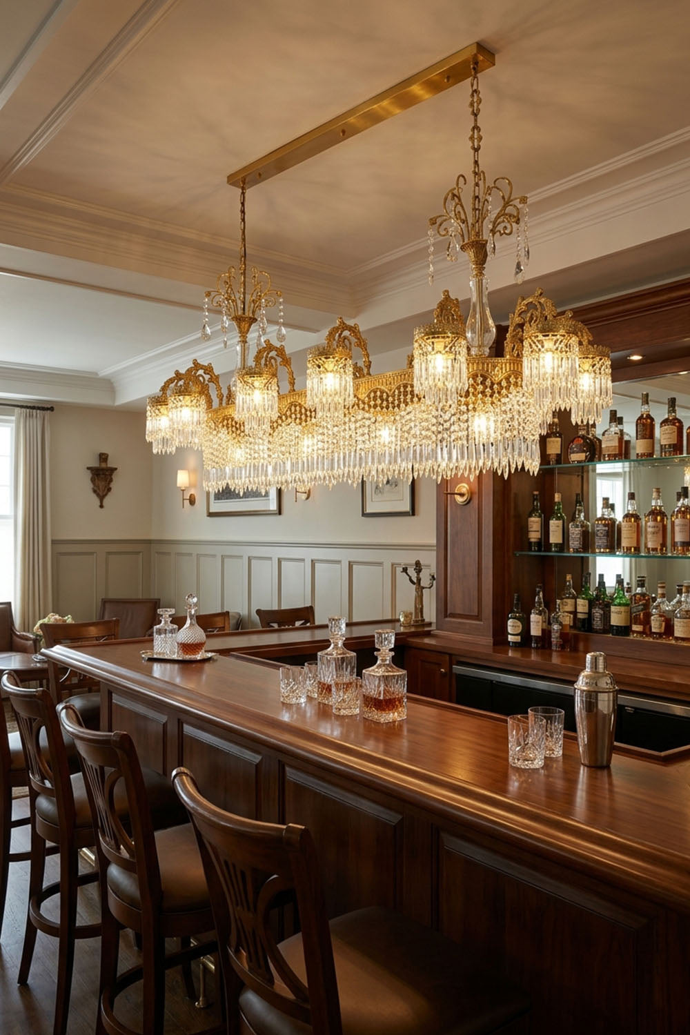 Lisonne Brass Crystal Fringe Linear Chandelier | Cut Crystal and Brass | Displayed in a luxury dark wood bar counter and lounge area | Samu Lamp