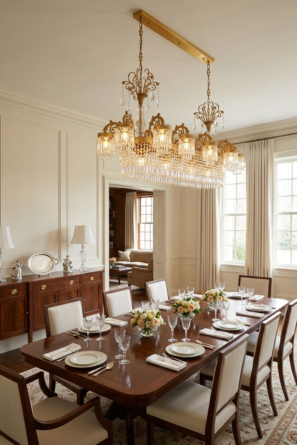 Lisonne Brass Crystal Fringe Linear Chandelier | Cut Crystal and Brass | Illuminating an elegant long wooden dining table with dark chairs | Samu Lamp