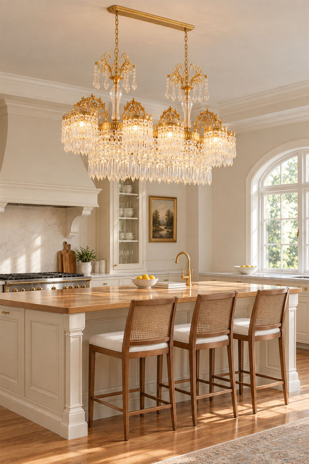 Lisonne Brass Crystal Fringe Linear Chandelier | Cut Crystal and Brass | Suspended over a kitchen island with white cabinets and barstools | Samu Lamp