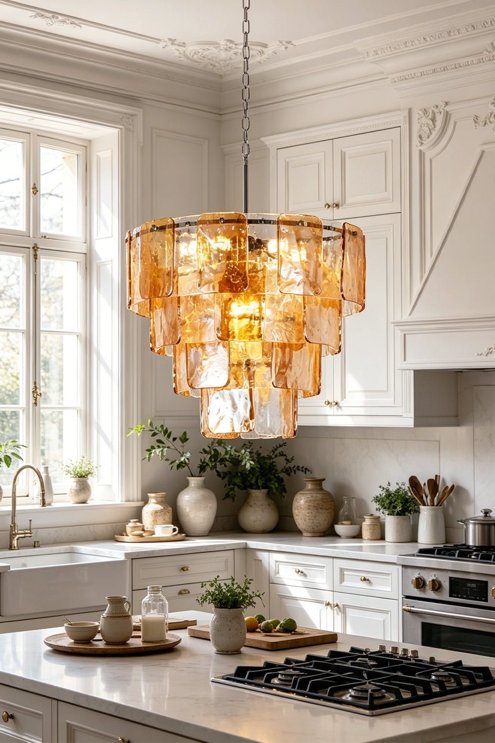 Lucia Tiered Amber Glass Chandelier | Glass, Metal | Positioned as luxury overhead statement lighting in a bright white kitchen above a marble island counter | Samu Lamp
