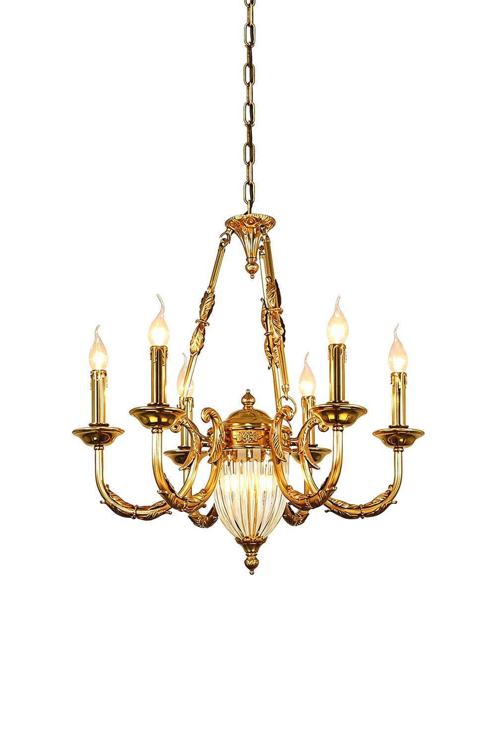 Lucienne Fluted Glass Urn Brass Chandelier with elegant glass and brass detailing, featuring six light fixtures.