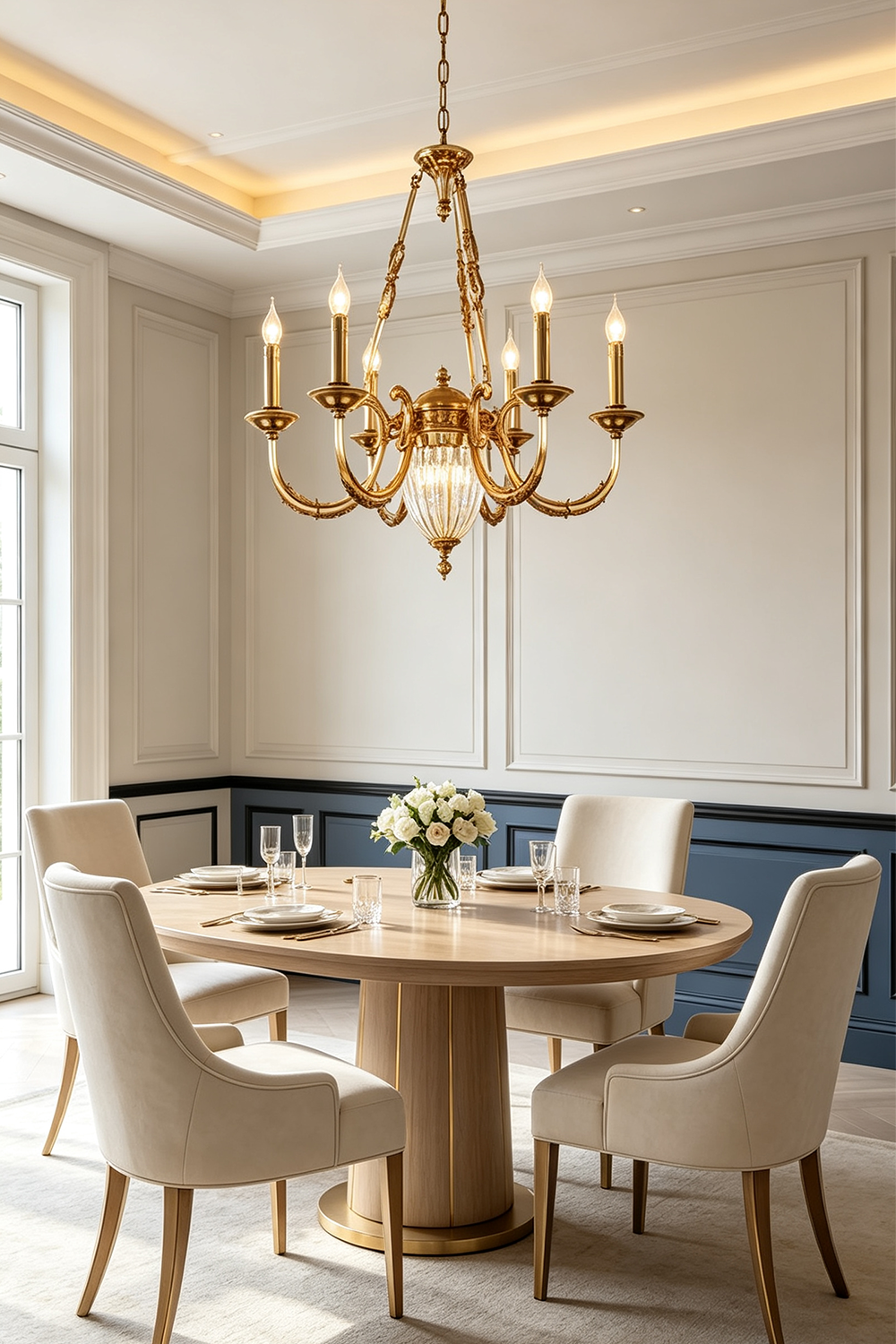 Lucienne Fluted Glass Urn Brass Chandelier illuminating an elegant dining room with a round table and stylish chairs.