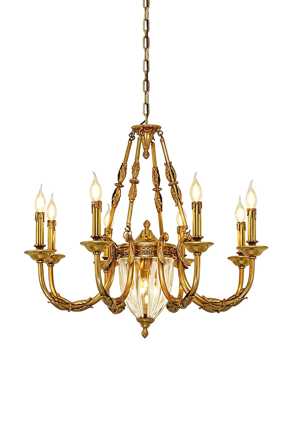 Lucienne Fluted Glass Urn Brass Chandelier featuring elegant gold accents and multiple candle-style lights.